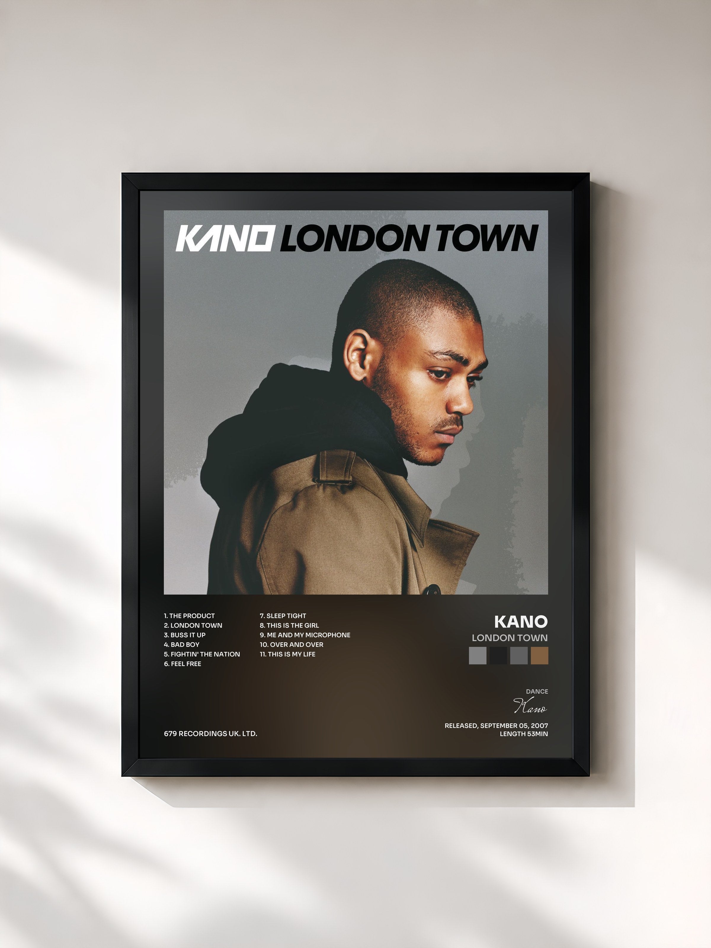 #noir Tableau de l'album London Town de Kano, cadre noir, imprimé et encadré en France