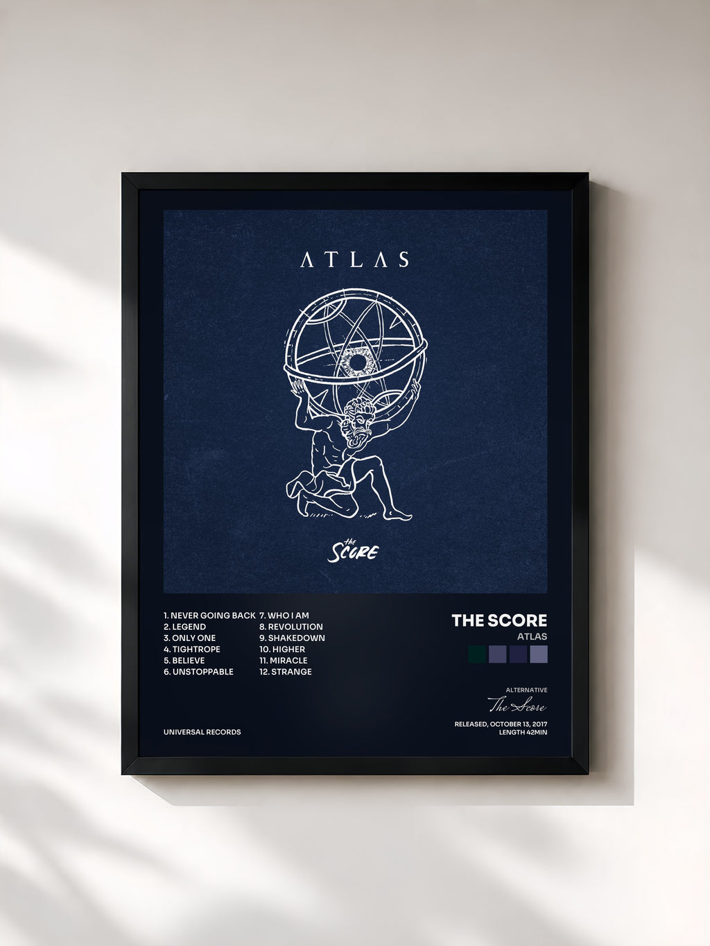 #noir Tableau de l'album ATLAS de The Score, cadre noir, imprimé et encadré en France