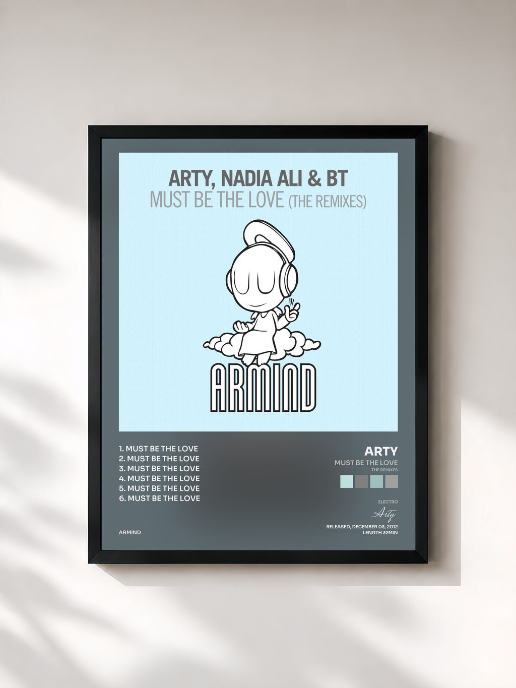 #noir Tableau de l'album Must Be The Love (The Remixes) de Arty, cadre noir, imprimé et encadré en France