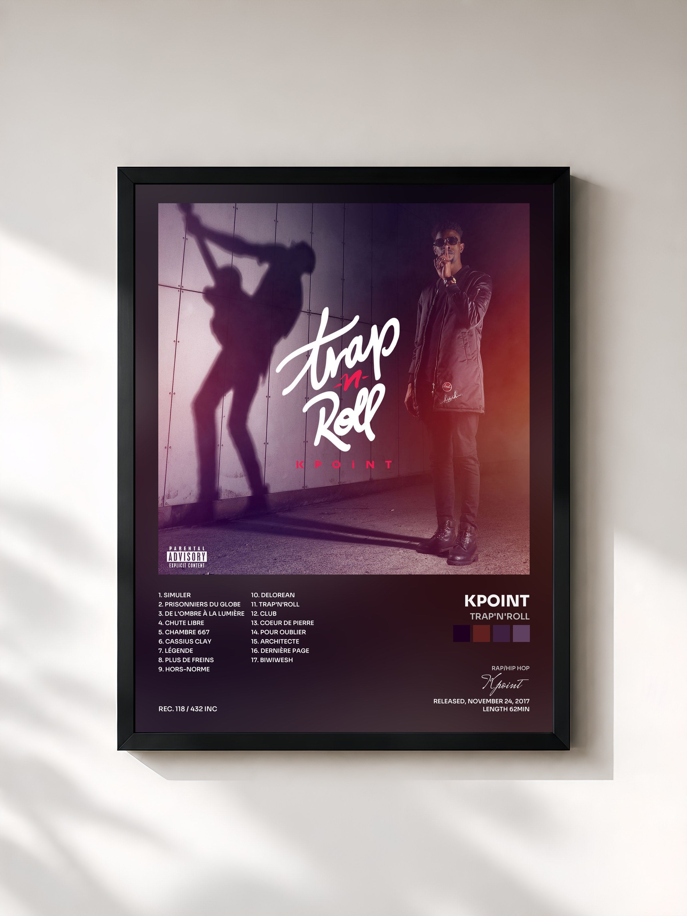 #noir Tableau de l'album Trap'N'Roll de Kpoint, cadre noir, imprimé et encadré en France