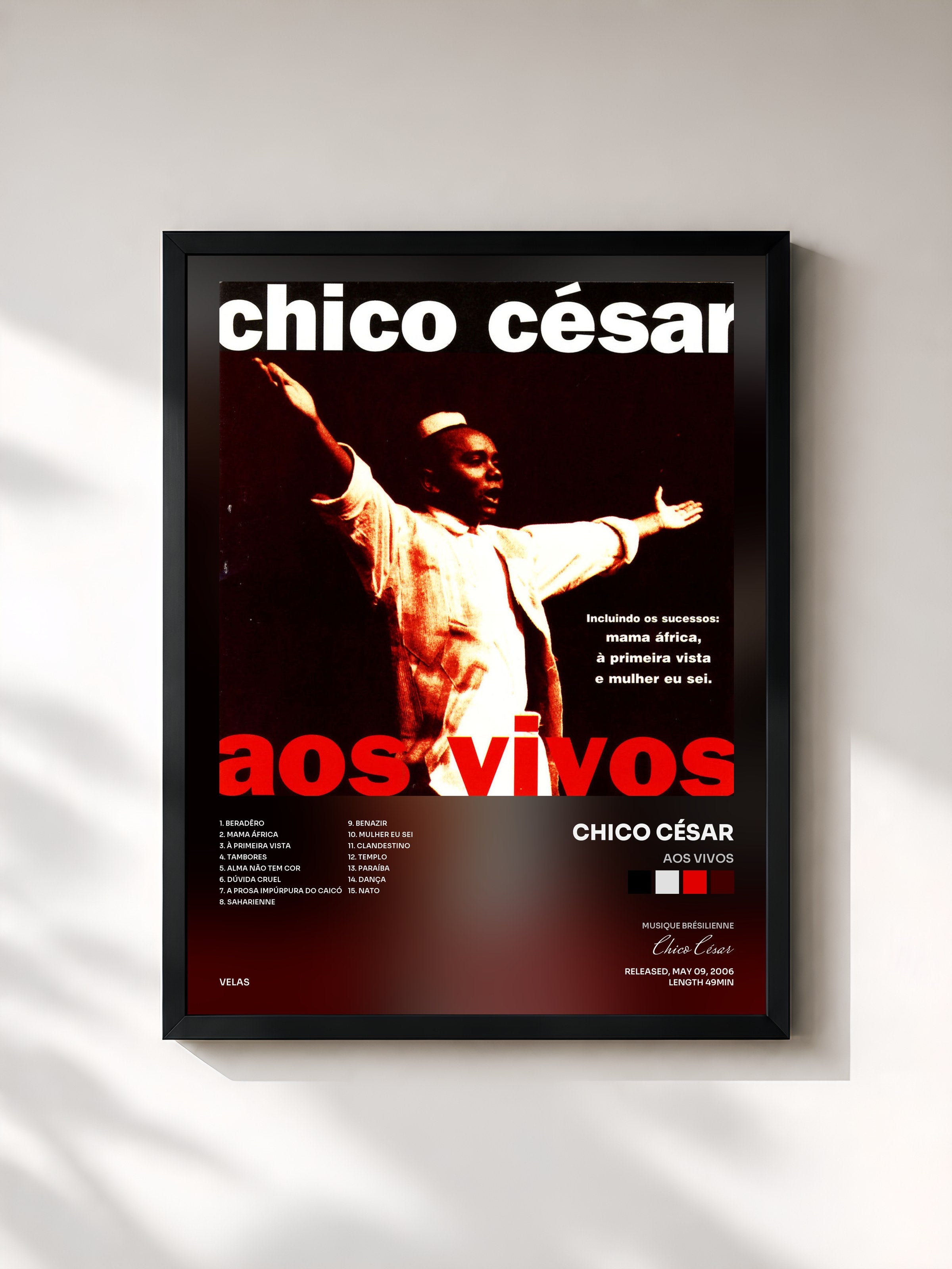 #noir Tableau de l'album Aos Vivos de Chico César, cadre noir, imprimé et encadré en France