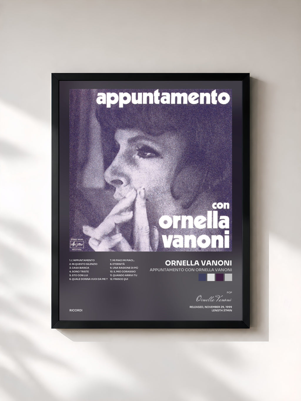 #noir Tableau de l'album Appuntamento Con Ornella Vanoni de Ornella Vanoni, cadre noir, imprimé et encadré en France