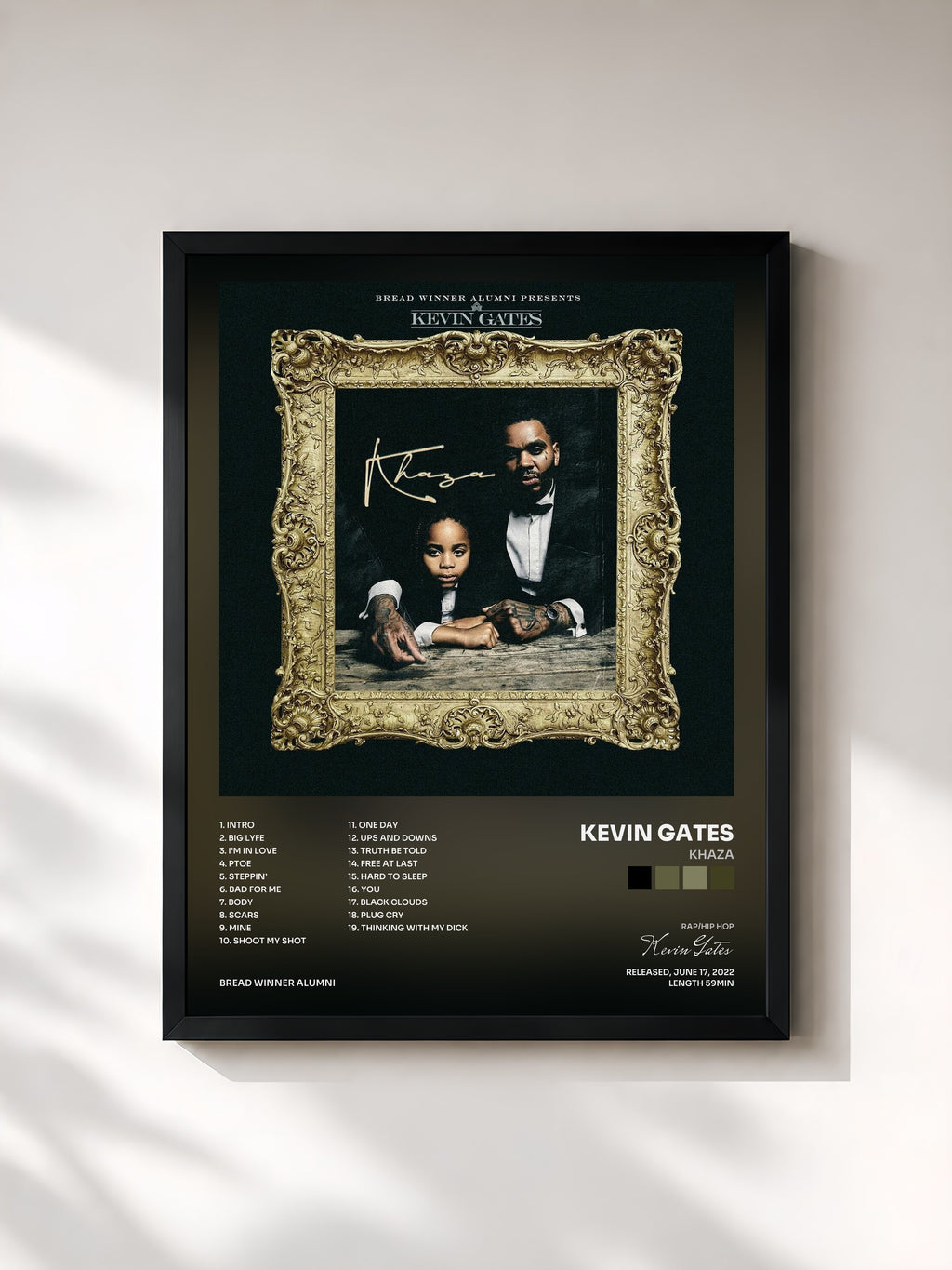 #noir Tableau de l'album Khaza de Kevin Gates, cadre noir, imprimé et encadré en France