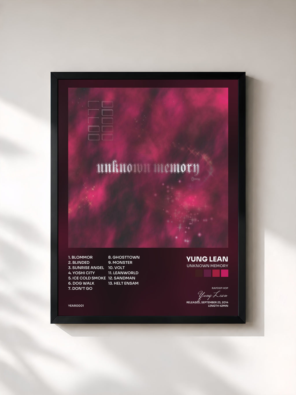 #noir Tableau de l'album Unknown Memory de Yung Lean, cadre noir, imprimé et encadré en France