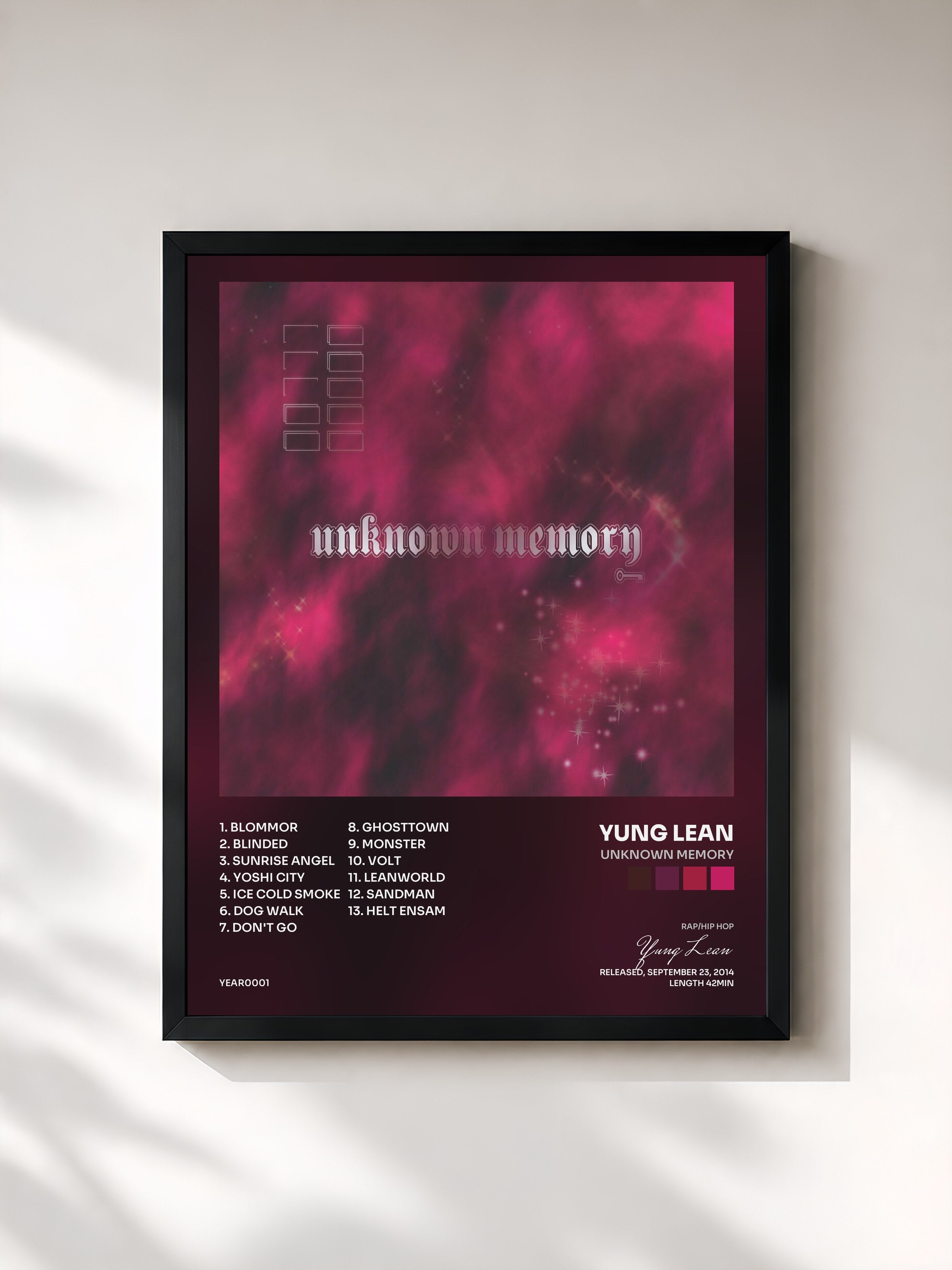 #noir Tableau de l'album Unknown Memory de Yung Lean, cadre noir, imprimé et encadré en France