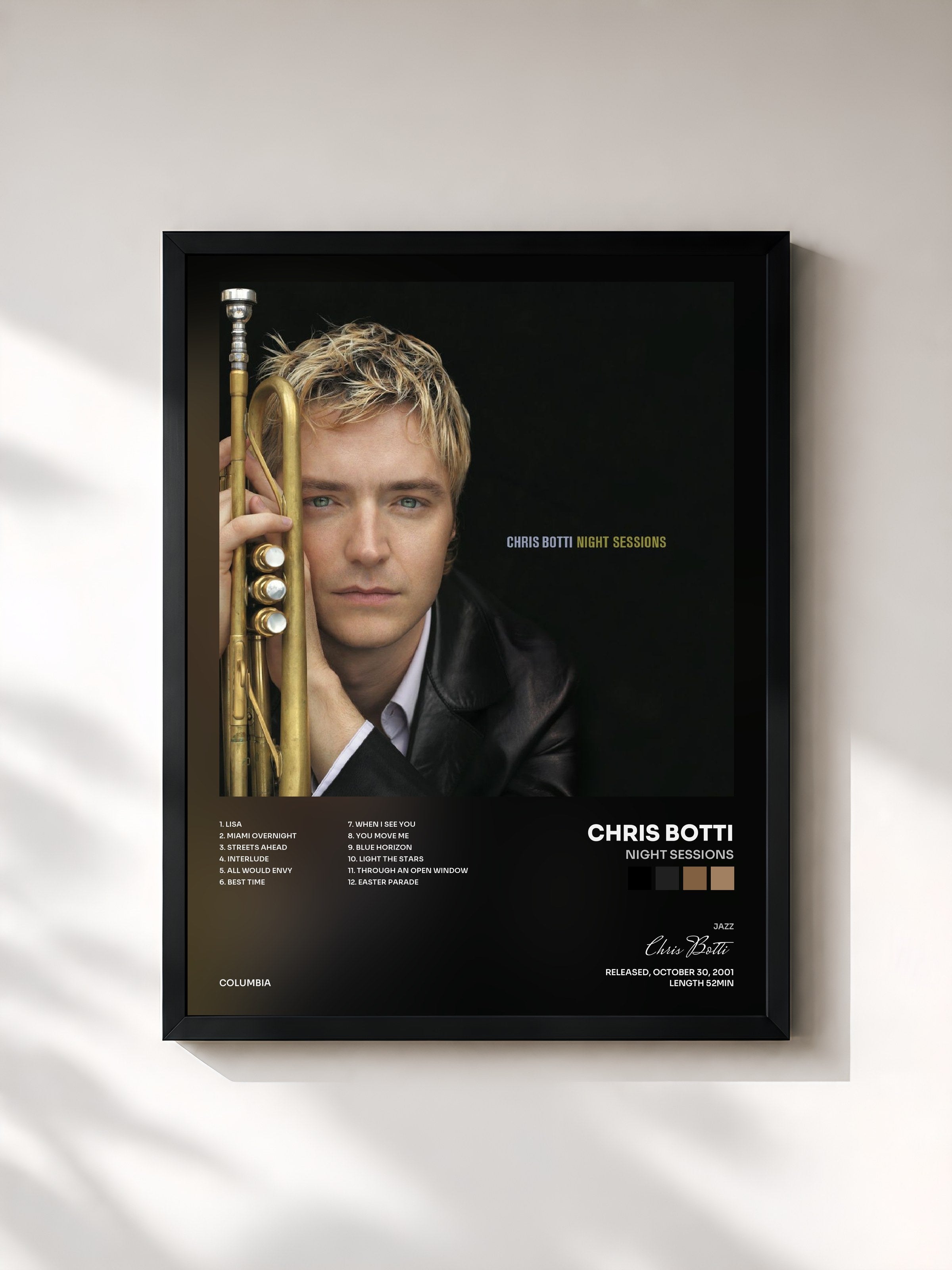 #noir Tableau de l'album Night Sessions de Chris Botti, cadre noir, imprimé et encadré en France