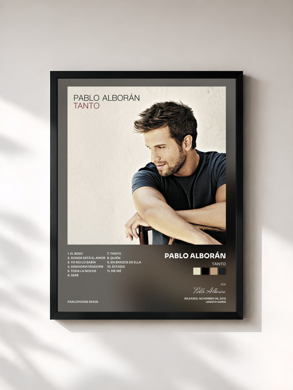 #noir Tableau de l'album Tanto de Pablo Alborán, cadre noir, imprimé et encadré en France