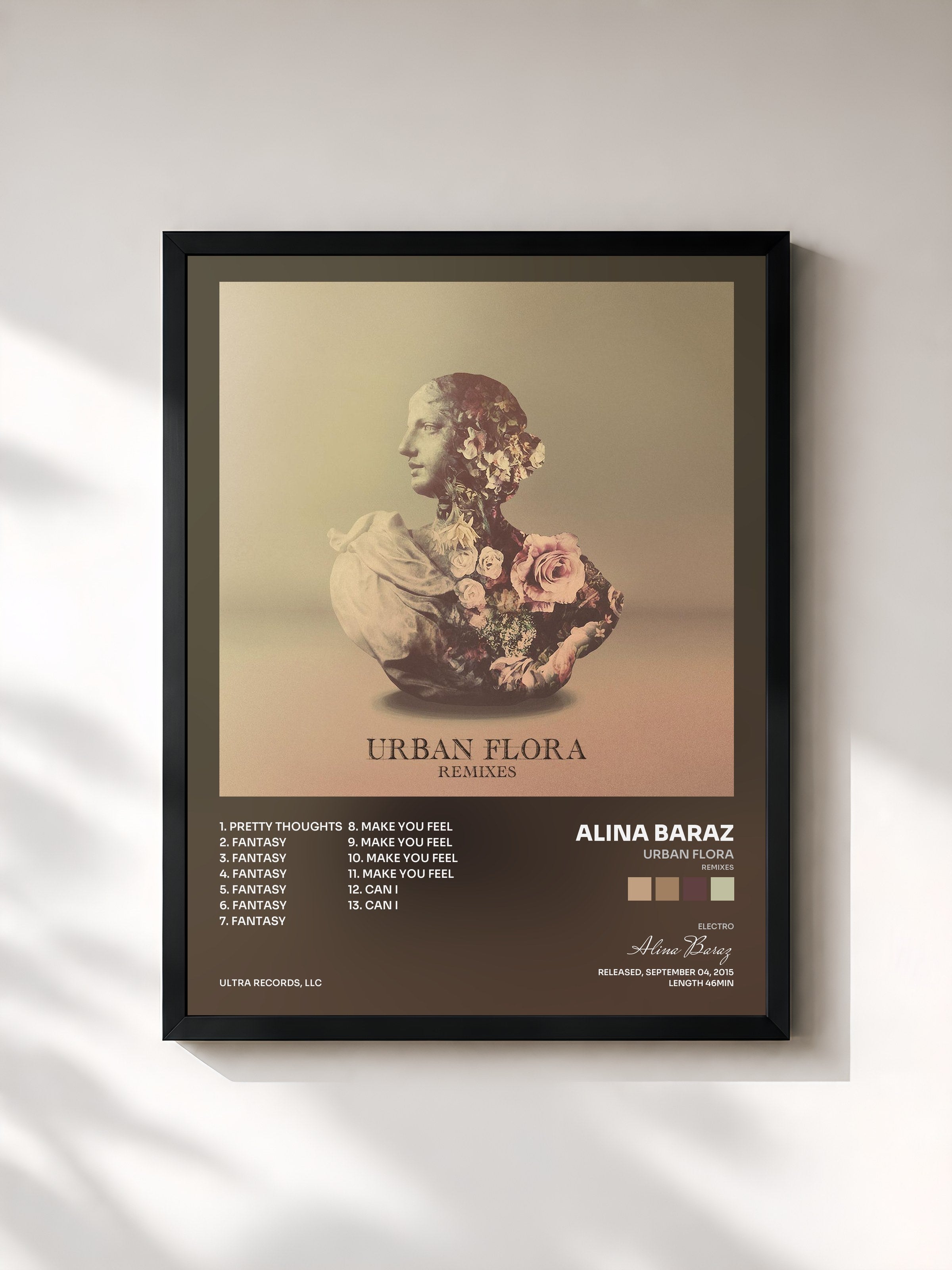 #noir Tableau de l'album Urban Flora (Remixes) de Alina Baraz, cadre noir, imprimé et encadré en France