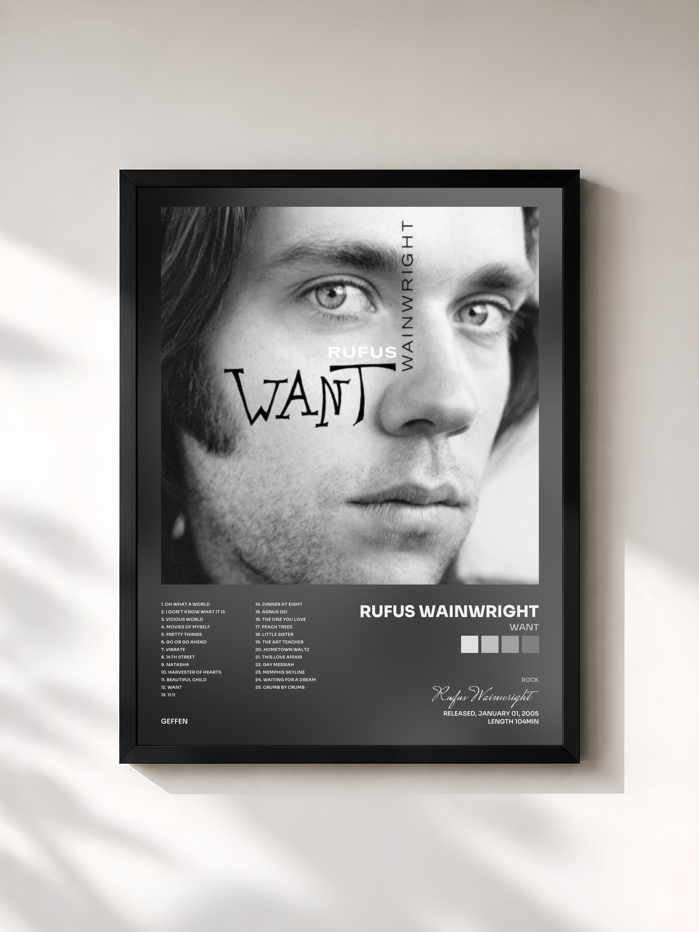 #noir Tableau de l'album Want de Rufus Wainwright, cadre noir, imprimé et encadré en France