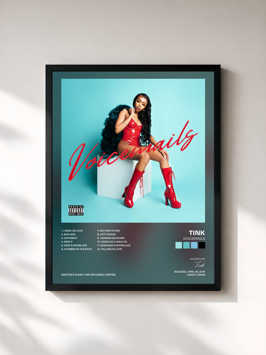 #noir Tableau de l'album Voicemails de Tink, cadre noir, imprimé et encadré en France