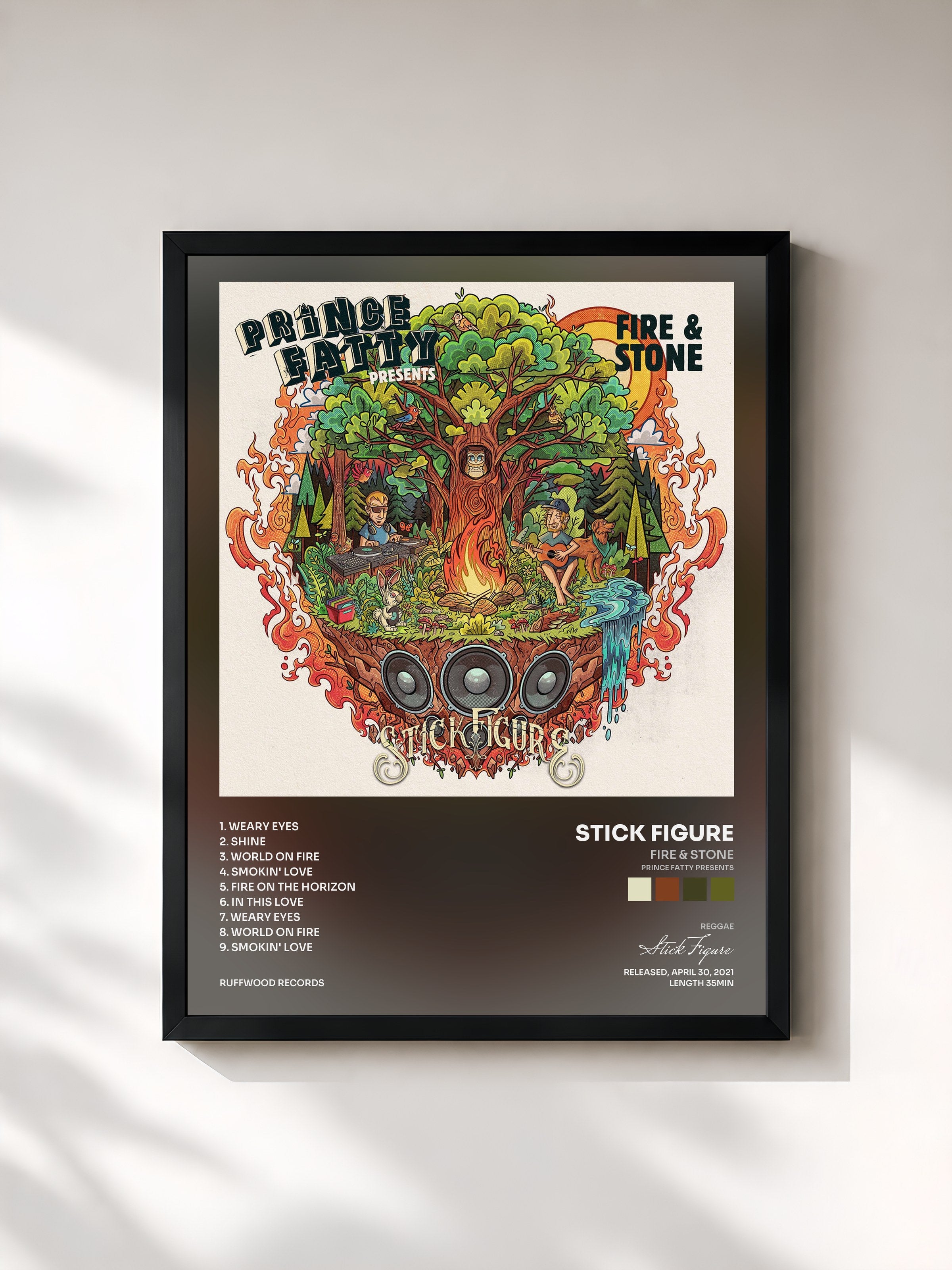 #noir Tableau de l'album Fire & Stone (Prince Fatty Presents) de Stick Figure, cadre noir, imprimé et encadré en France
