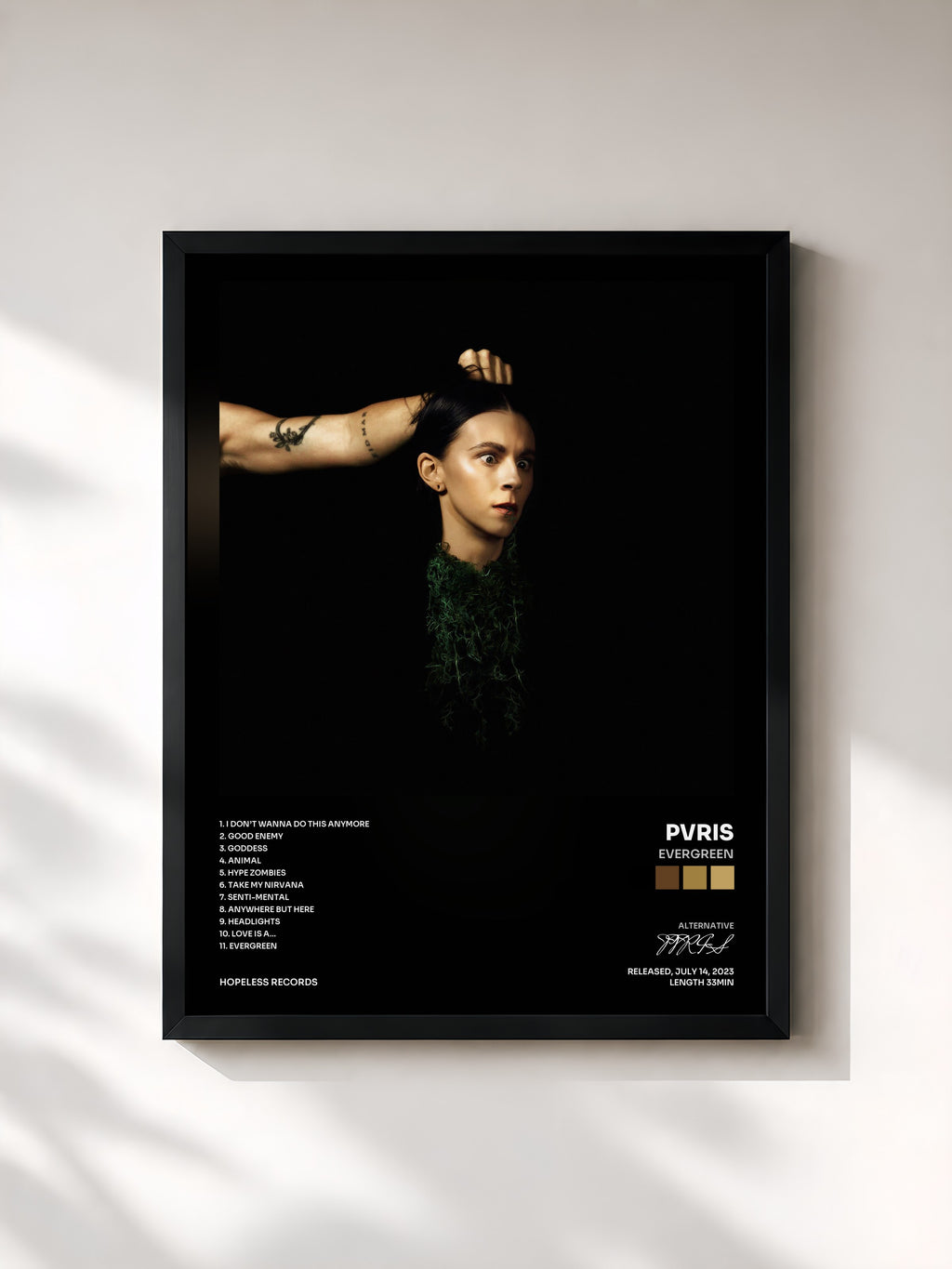 #noir Tableau de l'album EVERGREEN de PVRIS, cadre noir, imprimé et encadré en France