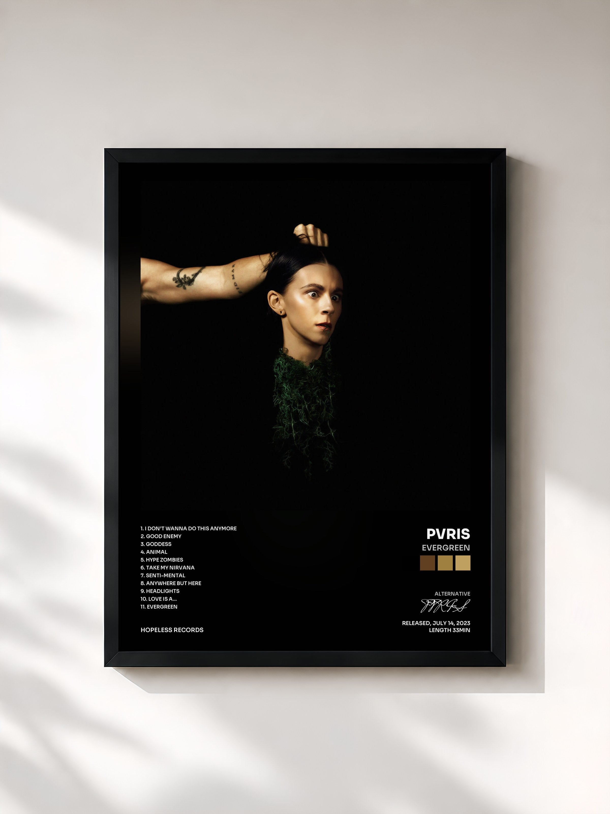 #noir Tableau de l'album EVERGREEN de PVRIS, cadre noir, imprimé et encadré en France