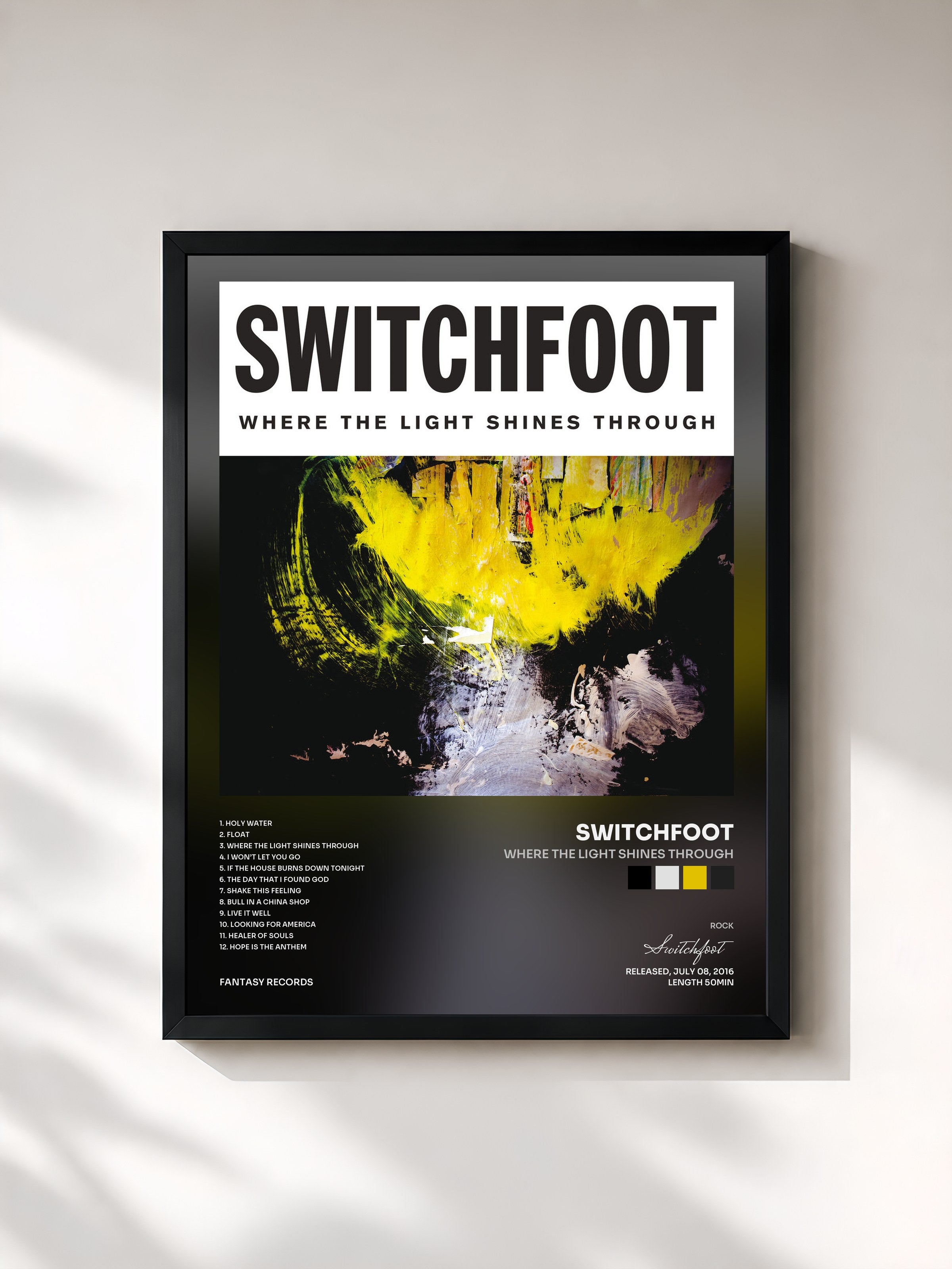 #noir Tableau de l'album Where The Light Shines Through de Switchfoot, cadre noir, imprimé et encadré en France
