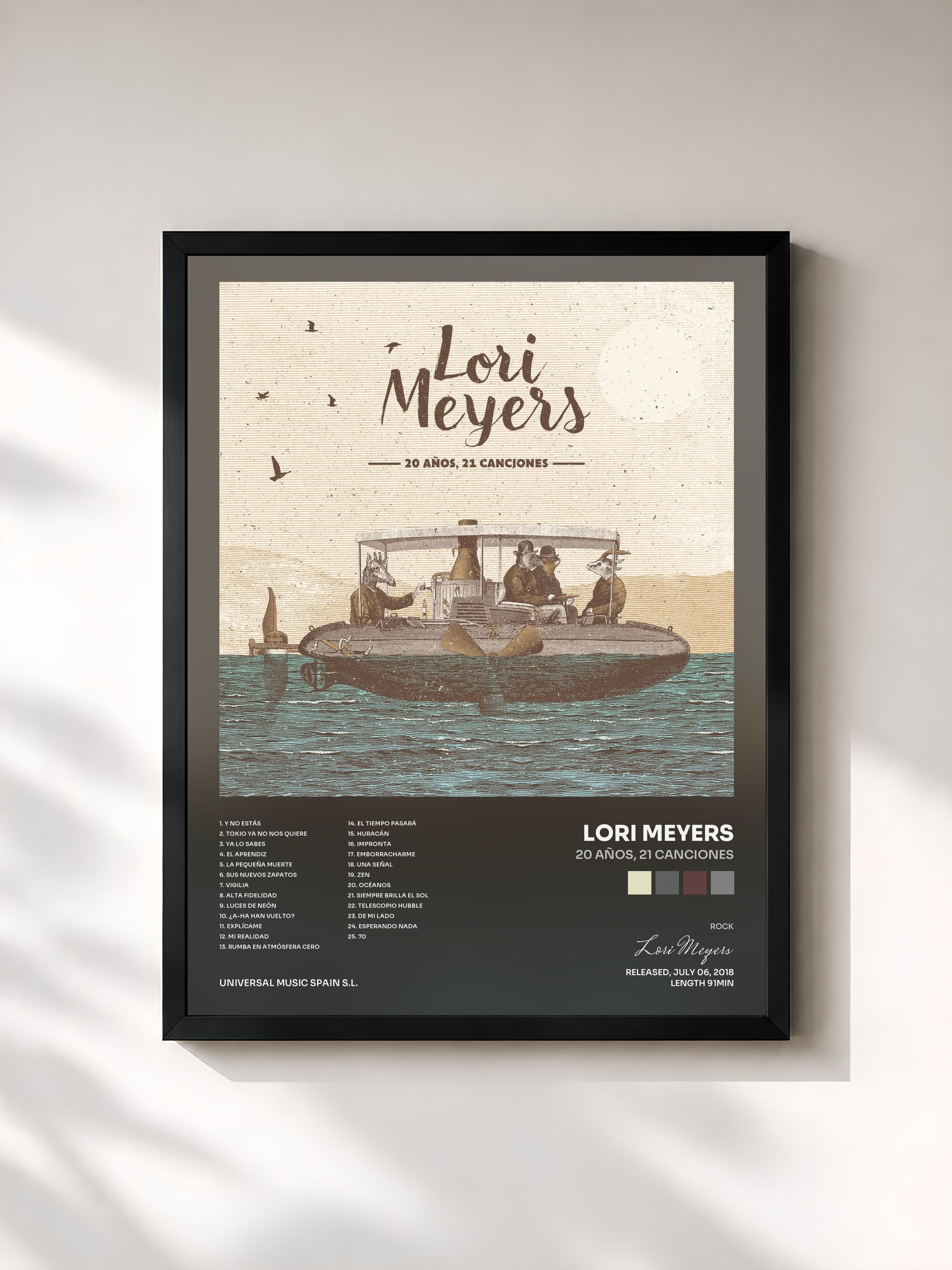 #noir Tableau de l'album 20 Años, 21 Canciones de Lori Meyers, cadre noir, imprimé et encadré en France