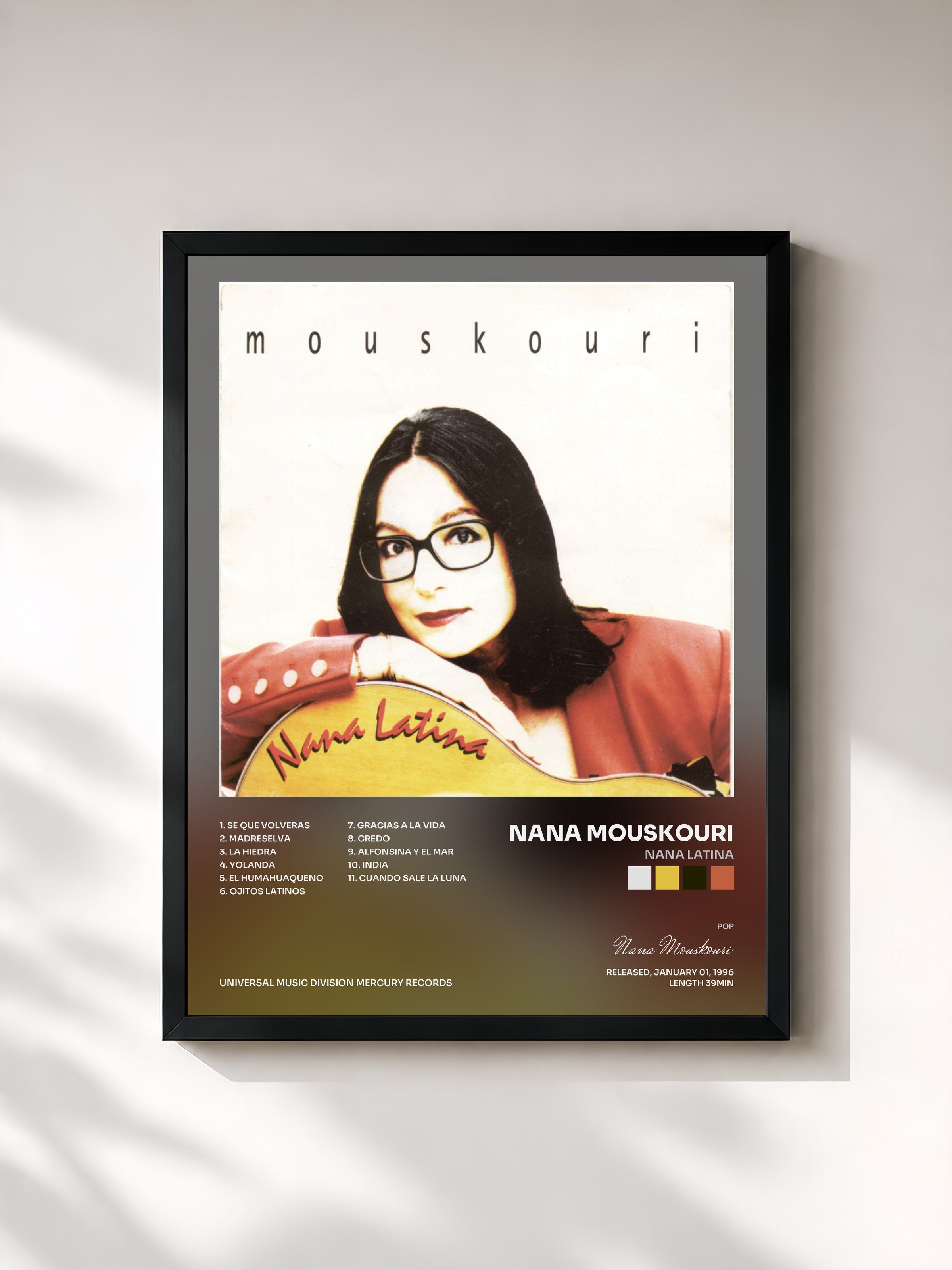 #noir Tableau de l'album Nana Latina de Nana Mouskouri, cadre noir, imprimé et encadré en France
