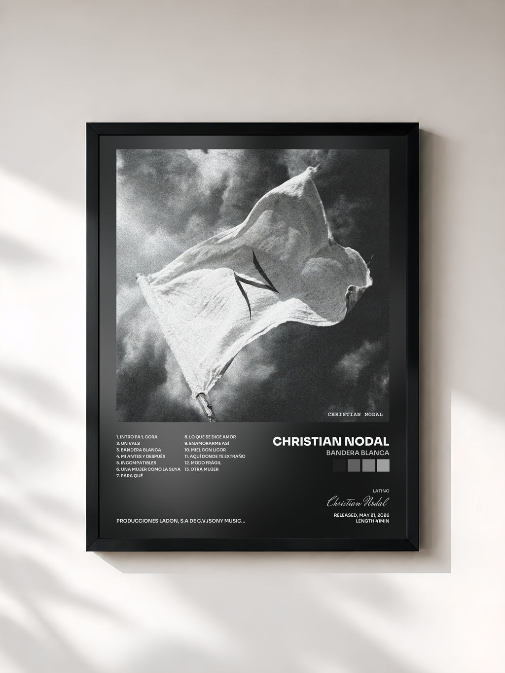 #noir Tableau de l'album Bandera Blanca de Christian Nodal, cadre noir, imprimé et encadré en France