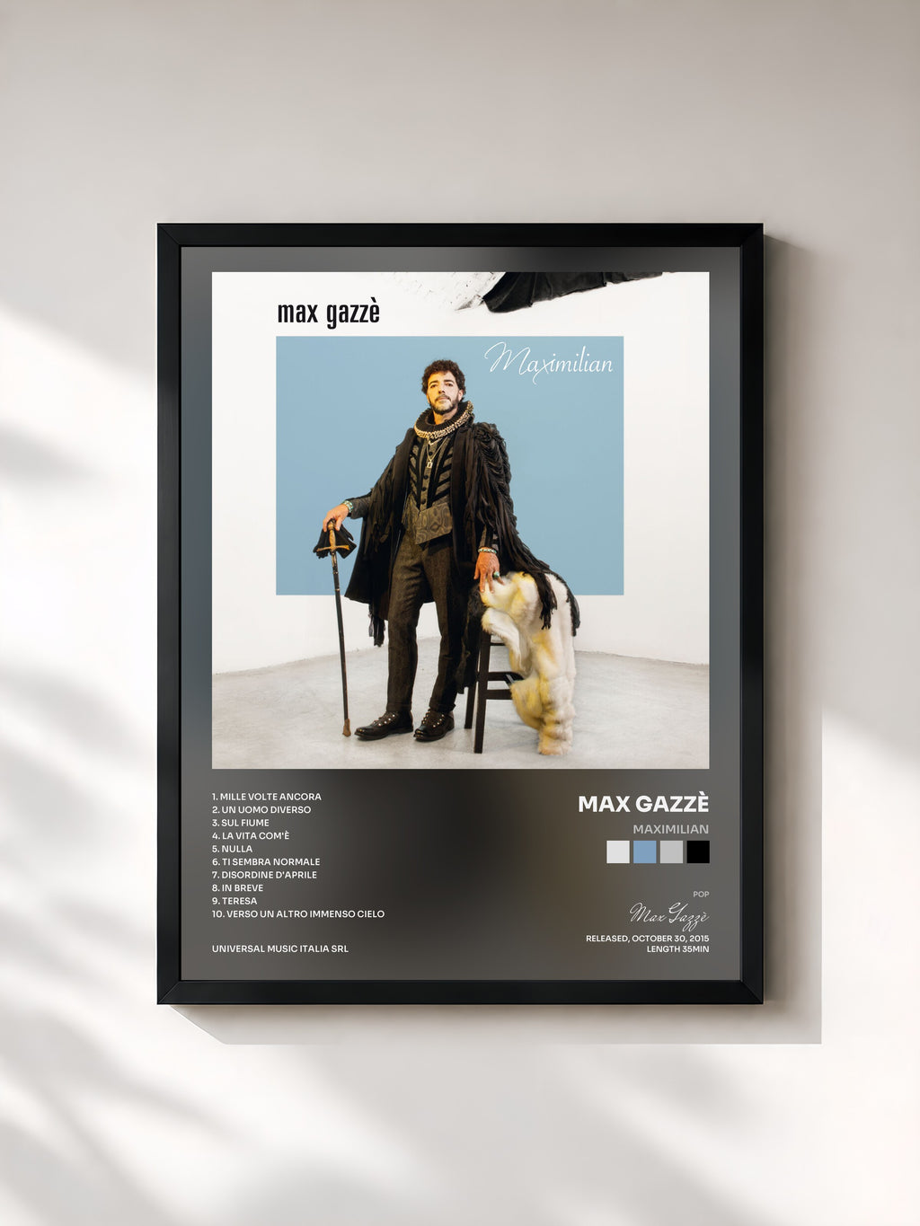 #noir Tableau de l'album Maximilian de Max Gazzè, cadre noir, imprimé et encadré en France