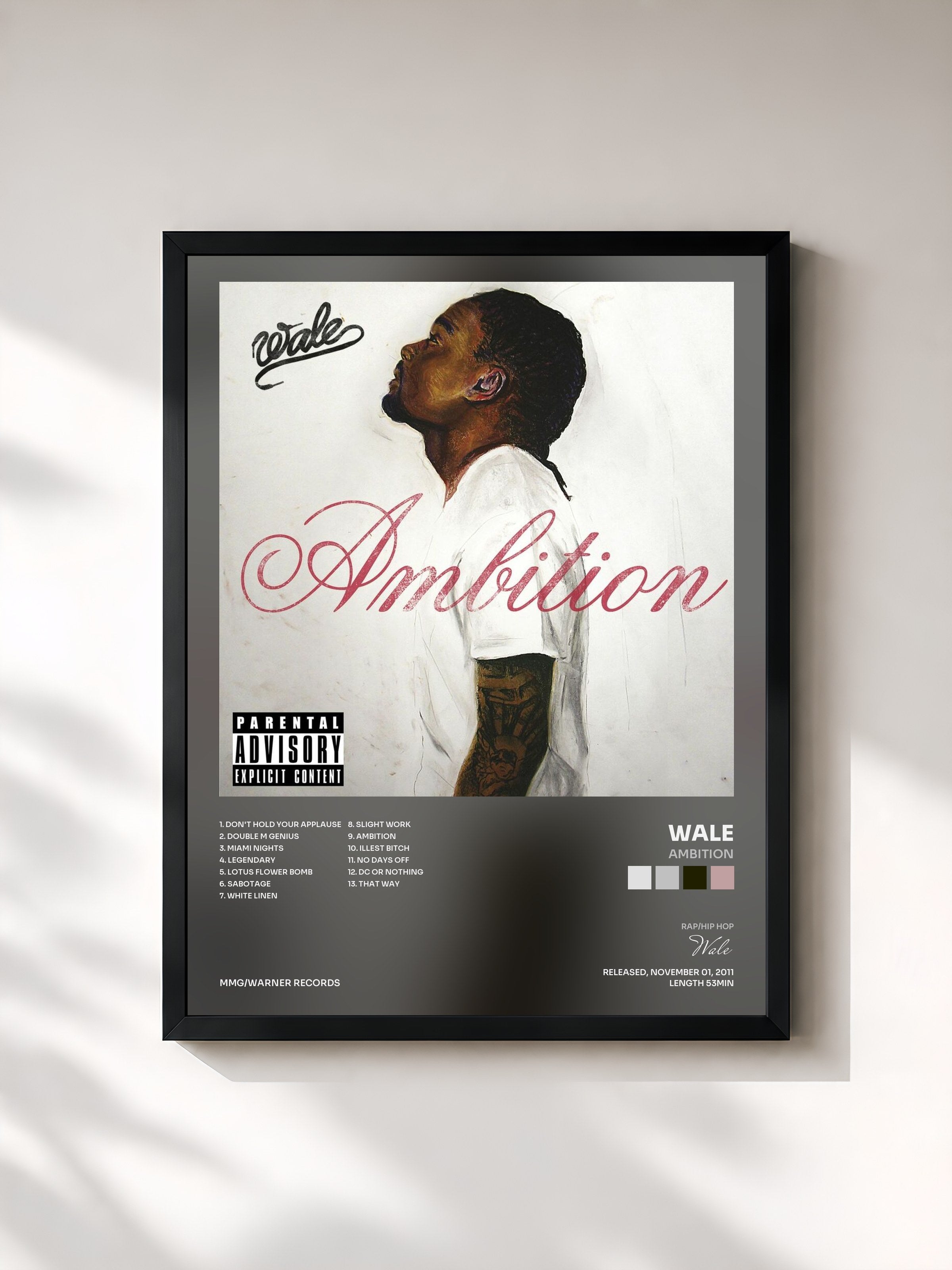 #noir Tableau de l'album Ambition de Wale, cadre noir, imprimé et encadré en France