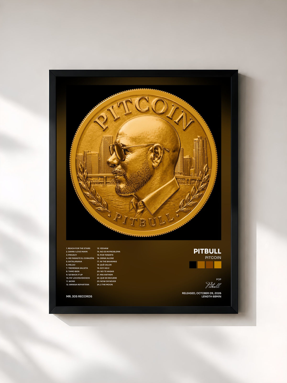 #noir Tableau de l'album PITCOIN de Pitbull, cadre noir, imprimé et encadré en France