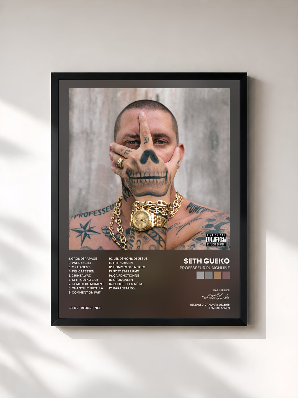 #noir Tableau de l'album Professeur Punchline de Seth Gueko, cadre noir, imprimé et encadré en France