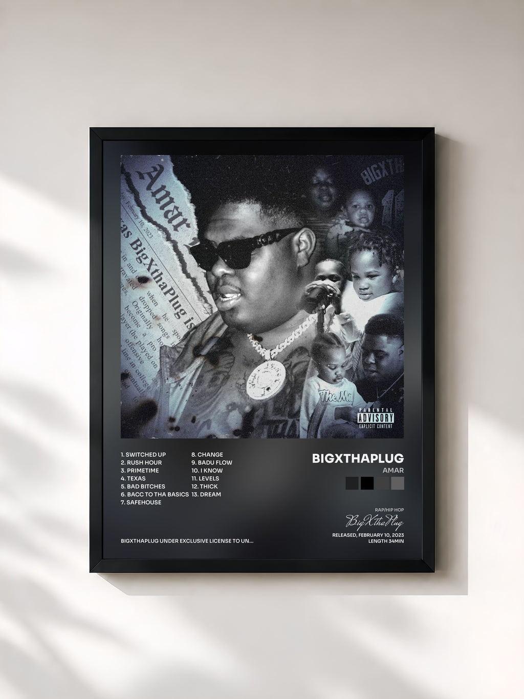 #noir Tableau de l'album AMAR de BigXthaPlug, cadre noir, imprimé et encadré en France