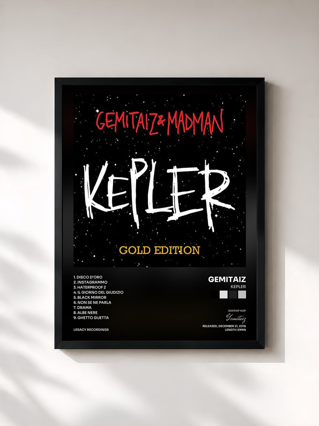 #noir Tableau de l'album Kepler de Gemitaiz, cadre noir, imprimé et encadré en France