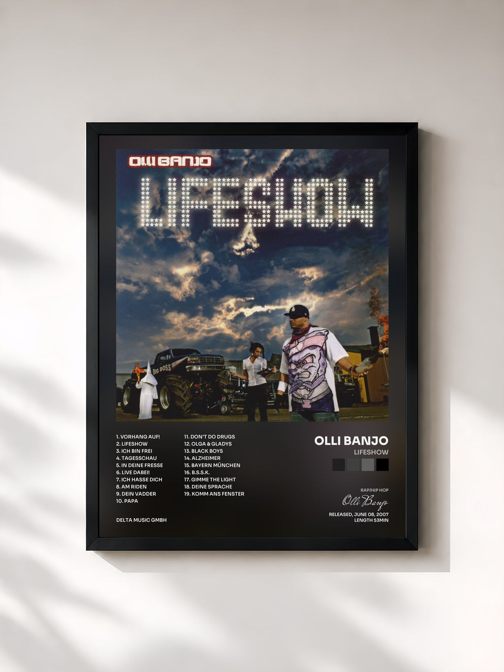 #noir Tableau de l'album Lifeshow de Olli Banjo, cadre noir, imprimé et encadré en France