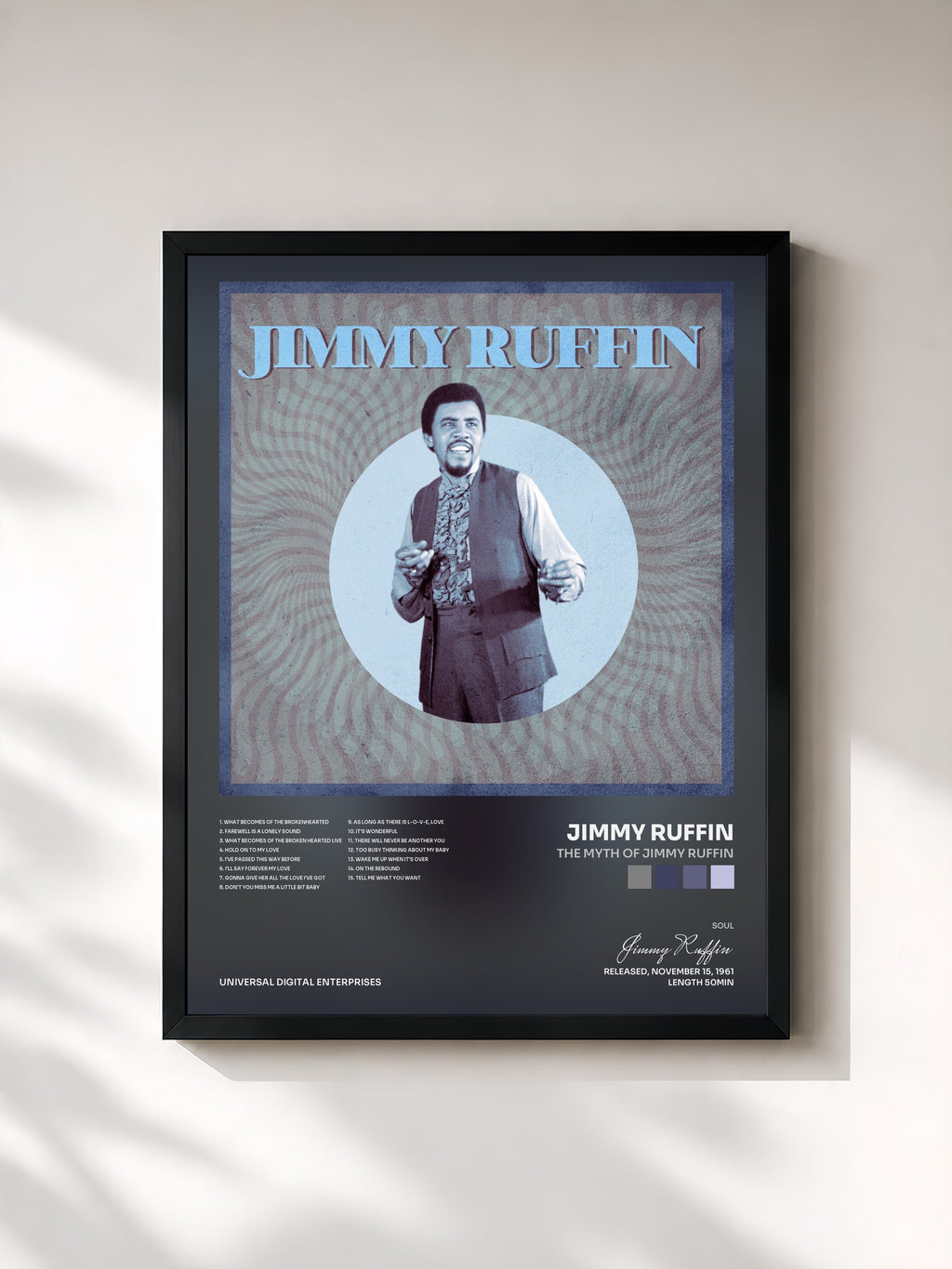 #noir Tableau de l'album The Myth of Jimmy Ruffin de Jimmy Ruffin, cadre noir, imprimé et encadré en France