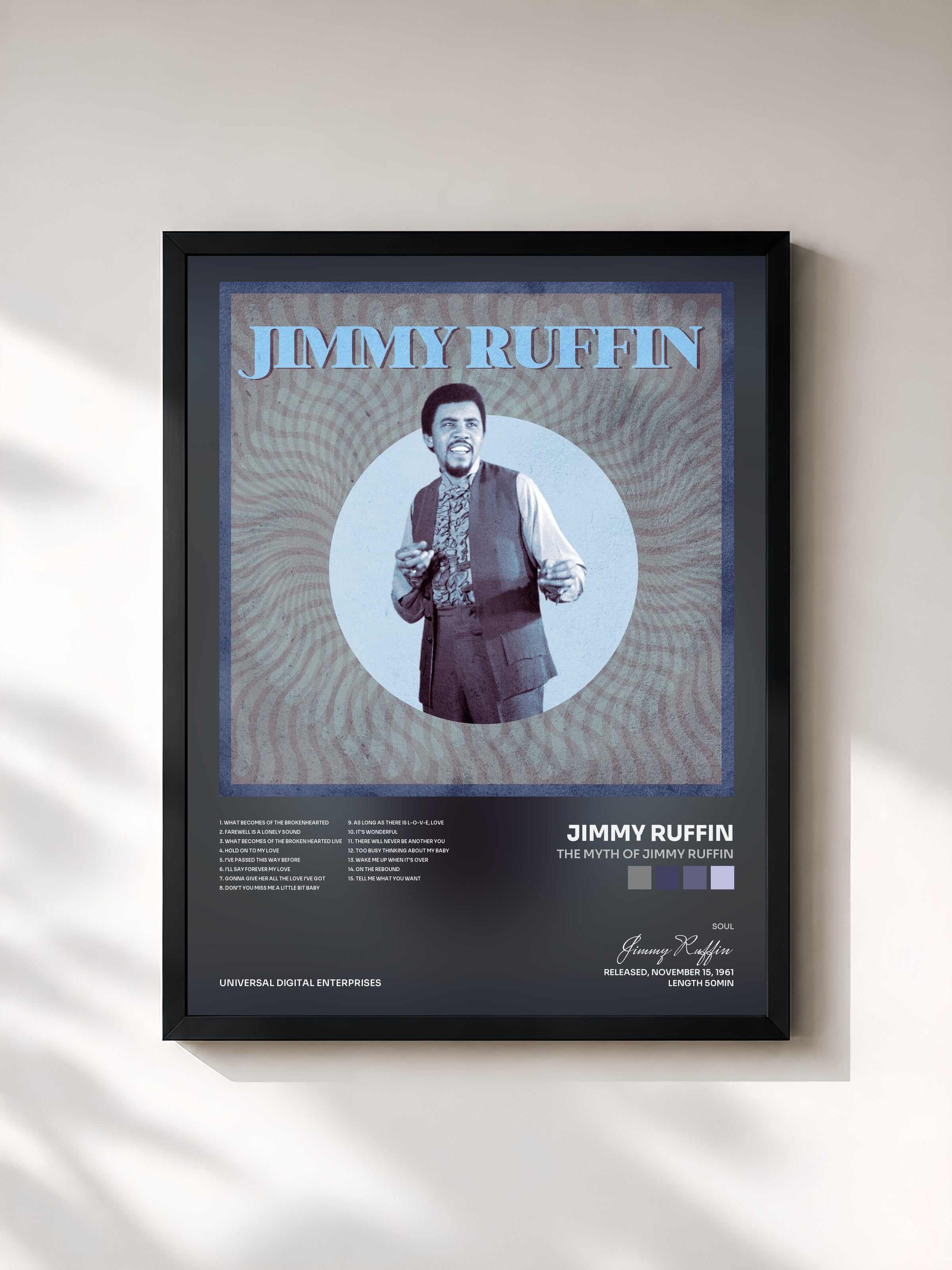 #noir Tableau de l'album The Myth of Jimmy Ruffin de Jimmy Ruffin, cadre noir, imprimé et encadré en France