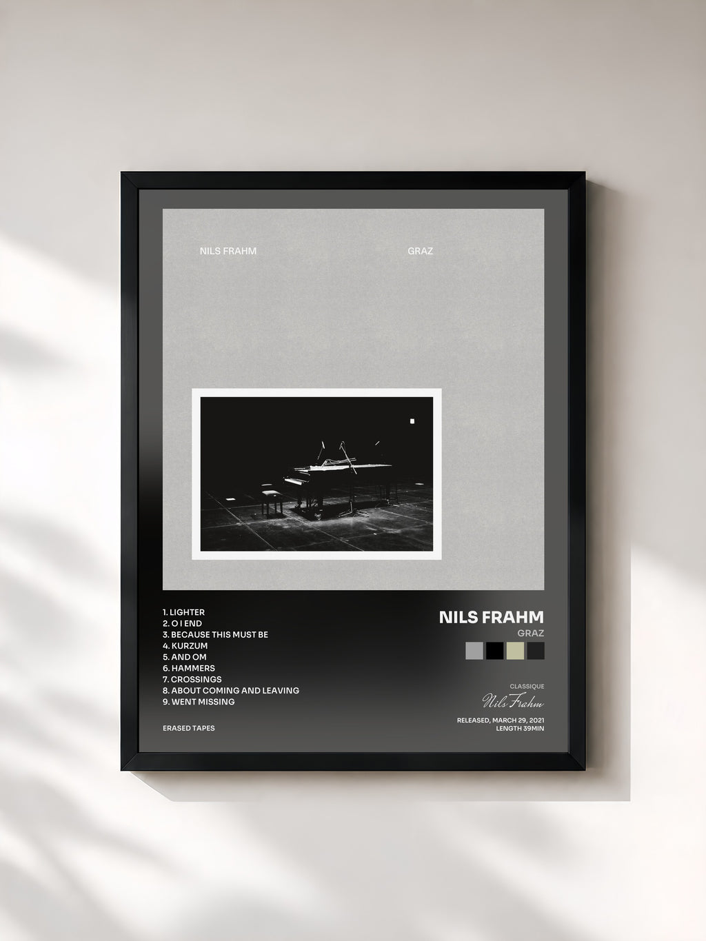 #noir Tableau de l'album Graz de Nils Frahm, cadre noir, imprimé et encadré en France