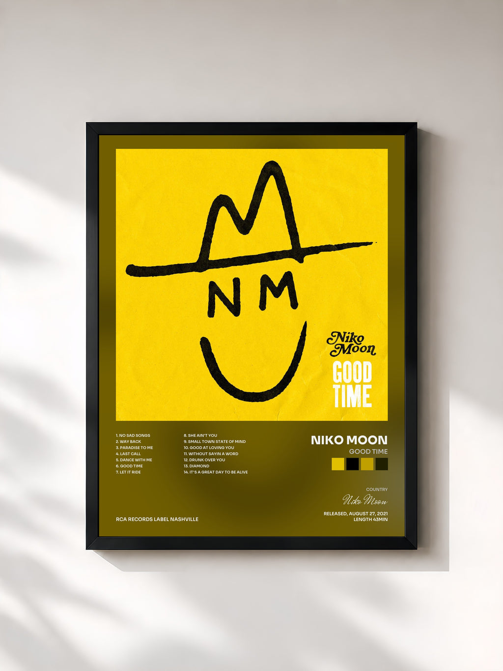 #noir Tableau de l'album GOOD TIME de Niko Moon, cadre noir, imprimé et encadré en France