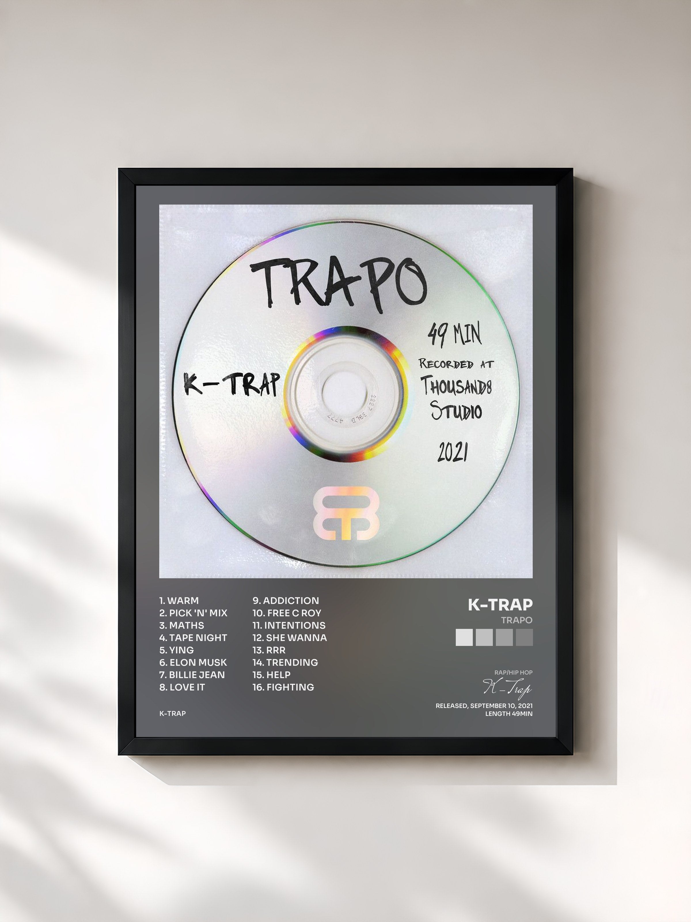#noir Tableau de l'album Trapo de K-Trap, cadre noir, imprimé et encadré en France