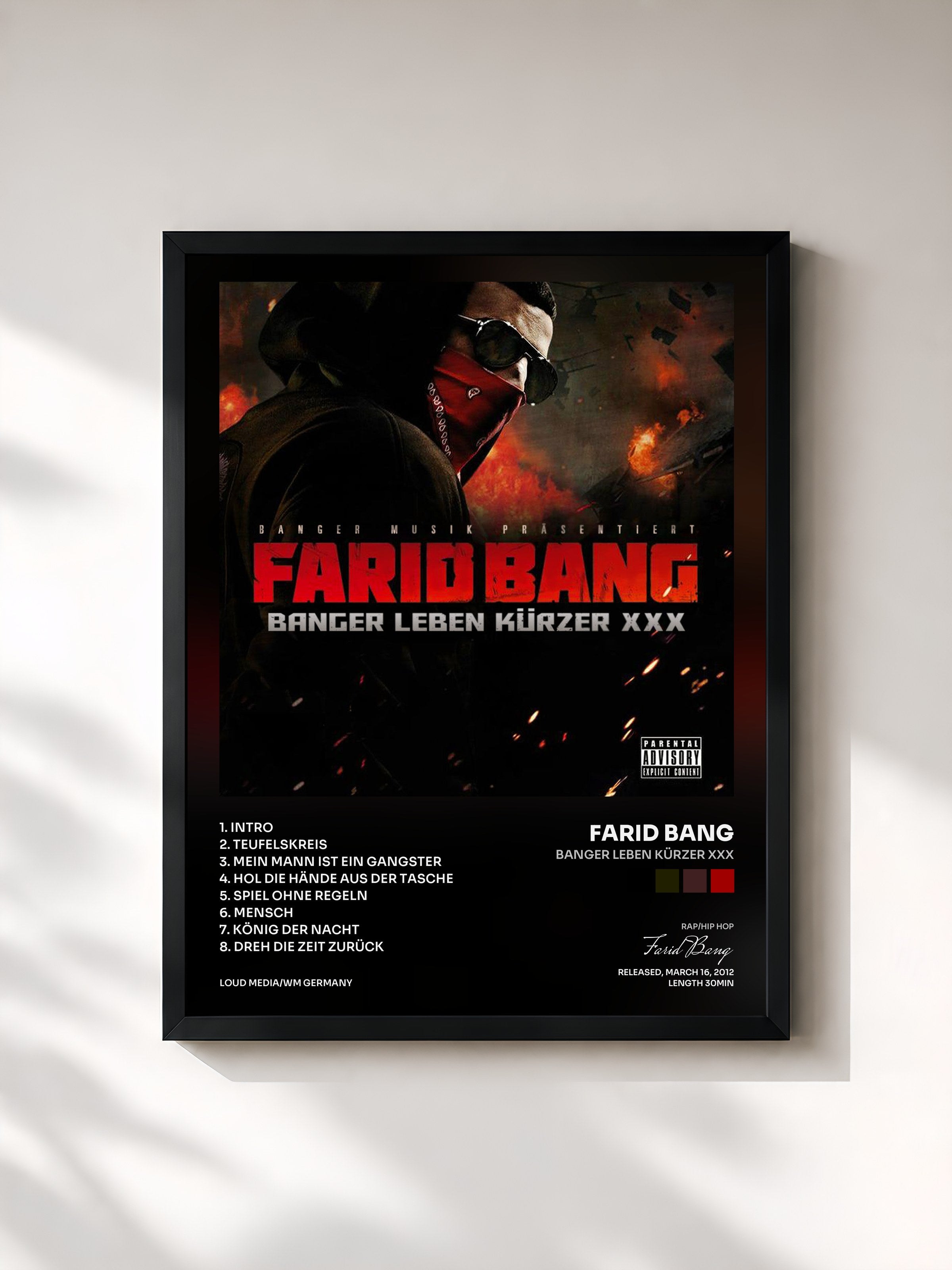 #noir Tableau de l'album Banger leben kürzer XXX de Farid Bang, cadre noir, imprimé et encadré en France