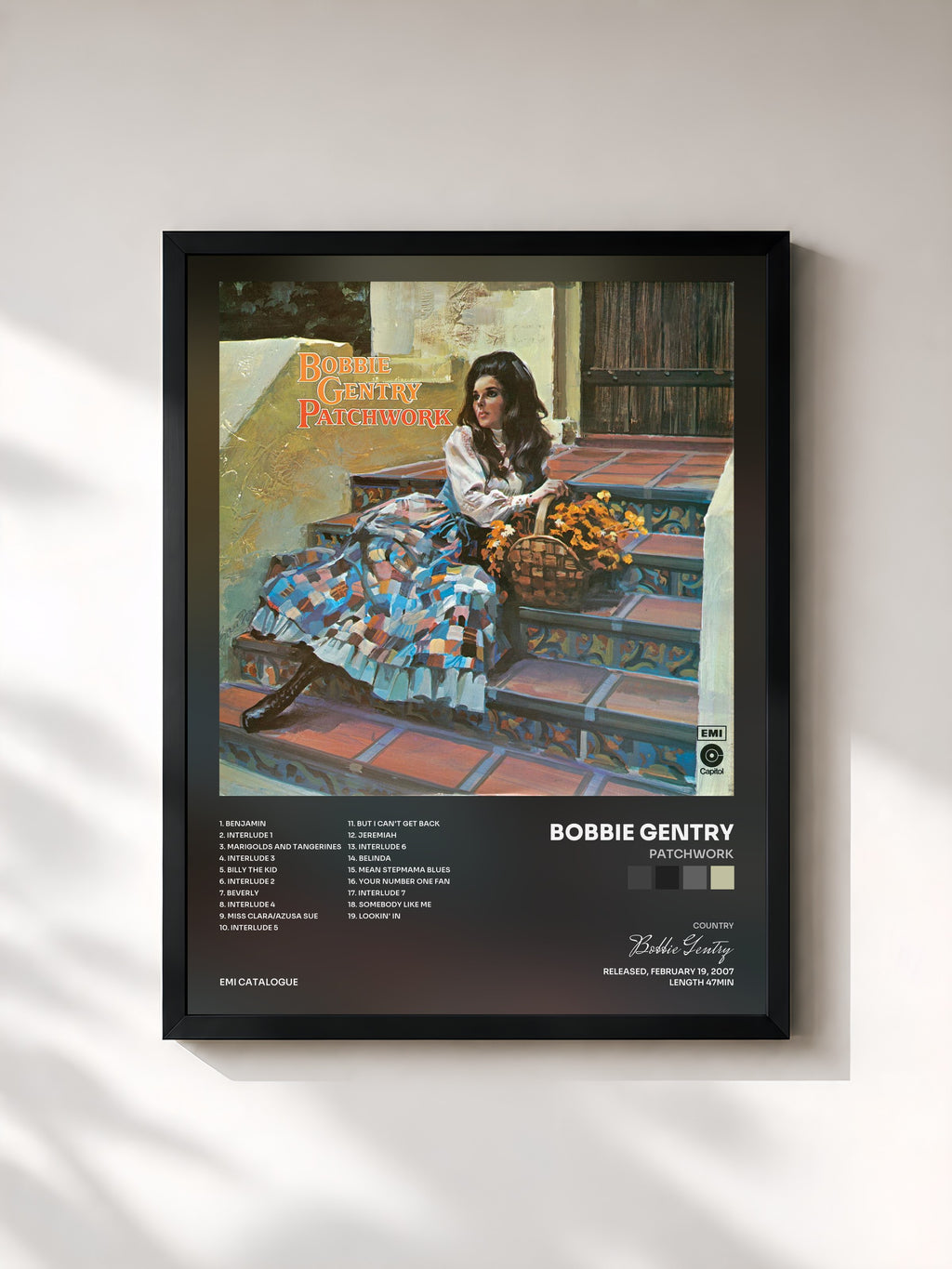 #noir Tableau de l'album Patchwork de Bobbie Gentry, cadre noir, imprimé et encadré en France