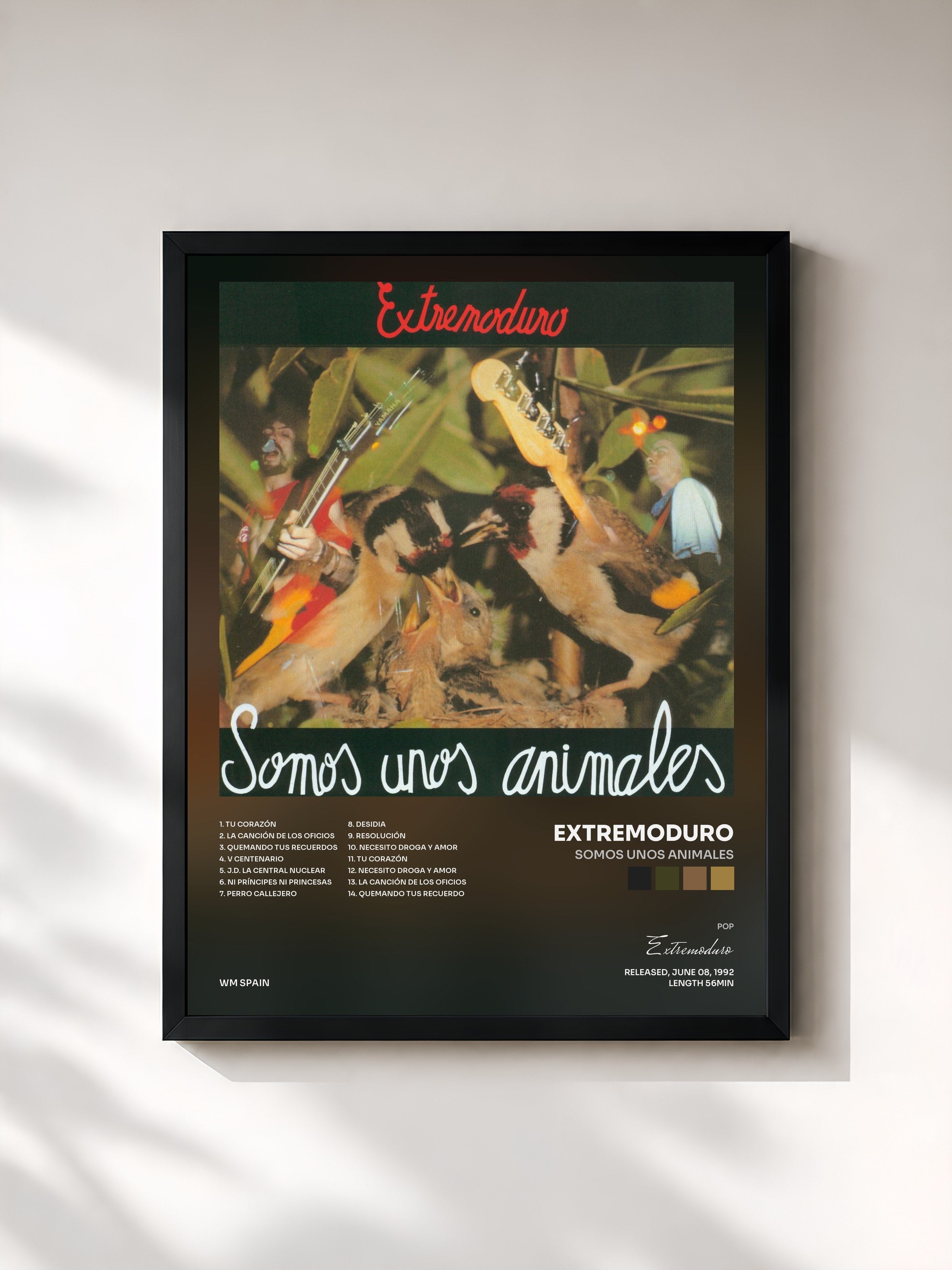 #noir Tableau de l'album Somos Unos Animales de Extremoduro, cadre noir, imprimé et encadré en France