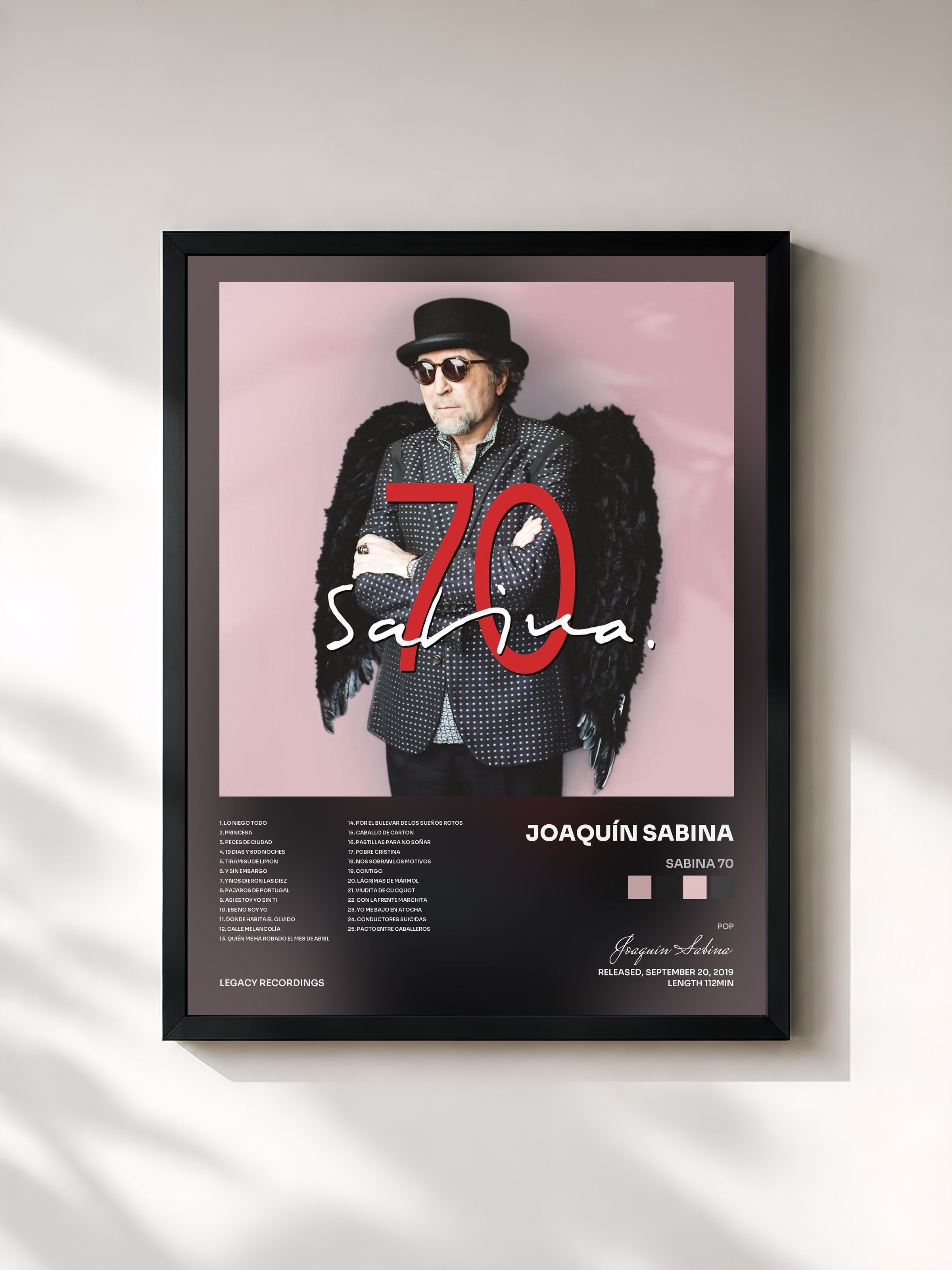 #noir Tableau de l'album Sabina 70 de Joaquín Sabina, cadre noir, imprimé et encadré en France