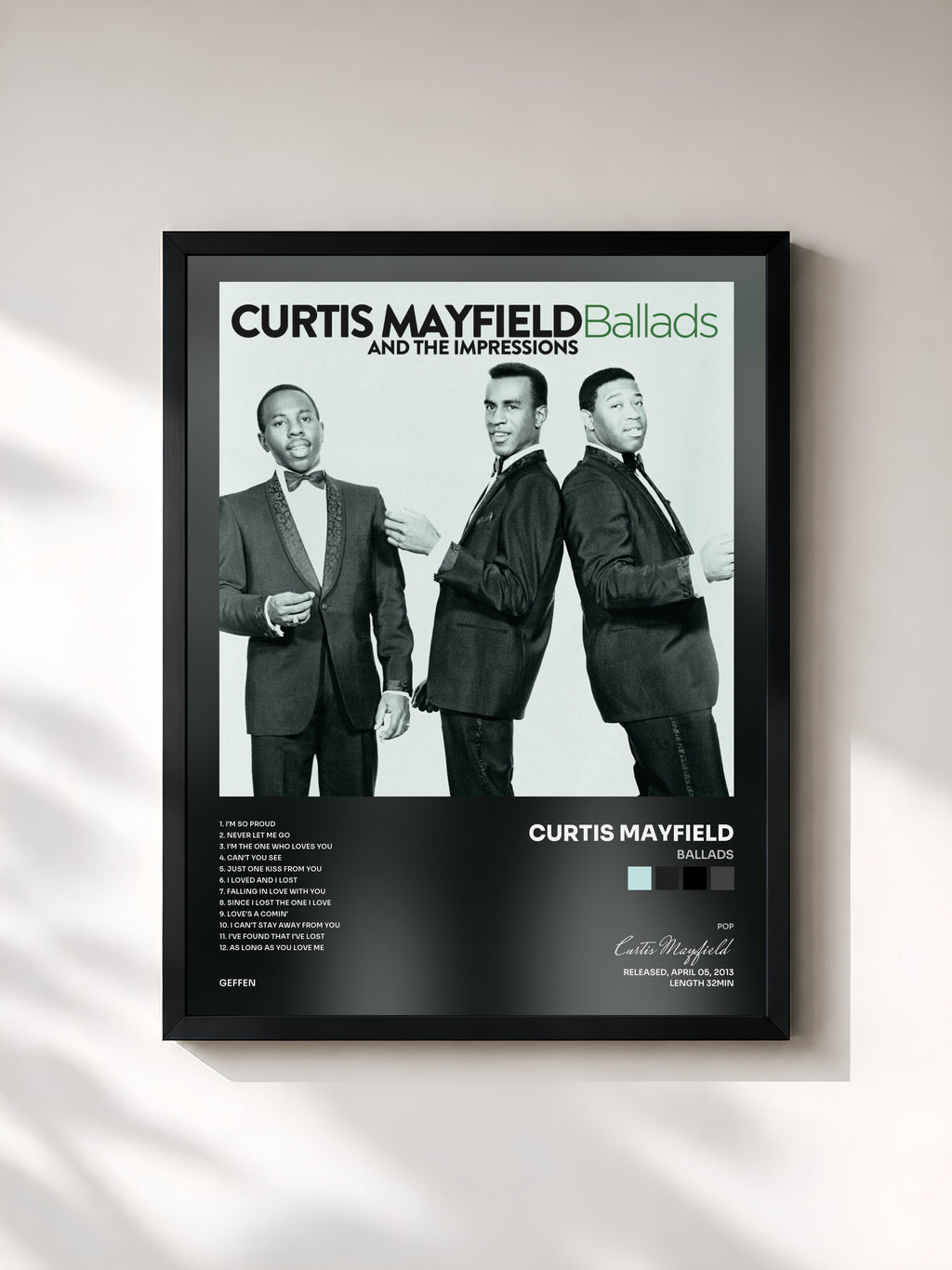 #noir Tableau de l'album Ballads de Curtis Mayfield, cadre noir, imprimé et encadré en France