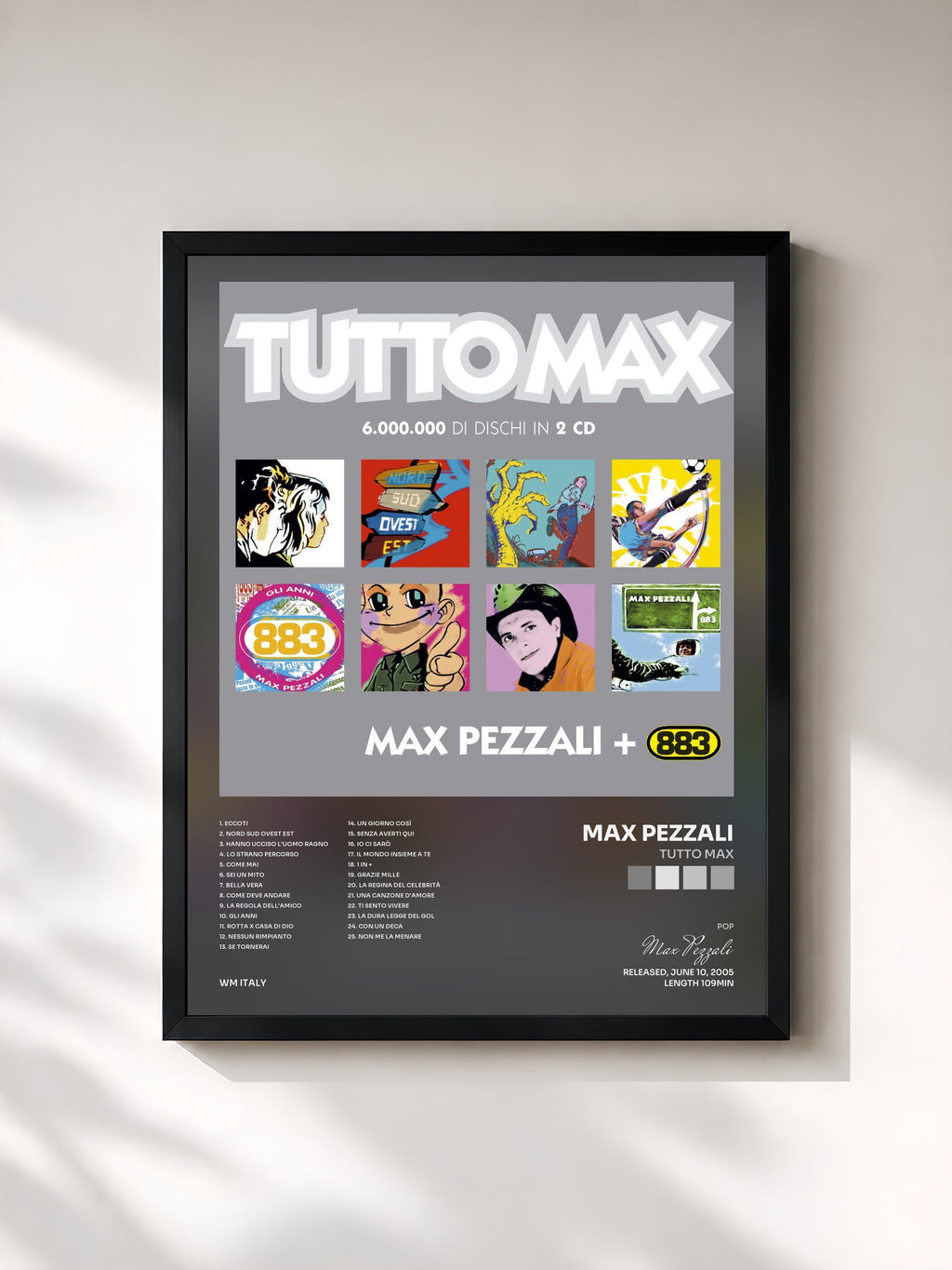 #noir Tableau de l'album Tutto Max de Max Pezzali, cadre noir, imprimé et encadré en France