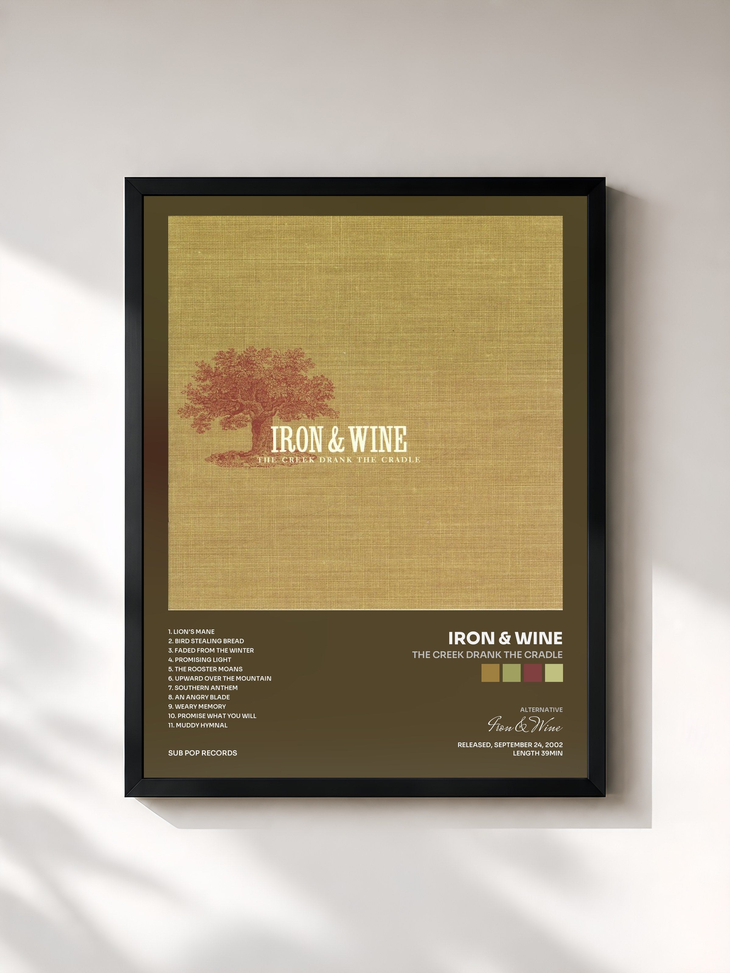 #noir Tableau de l'album The Creek Drank the Cradle de Iron & Wine, cadre noir, imprimé et encadré en France
