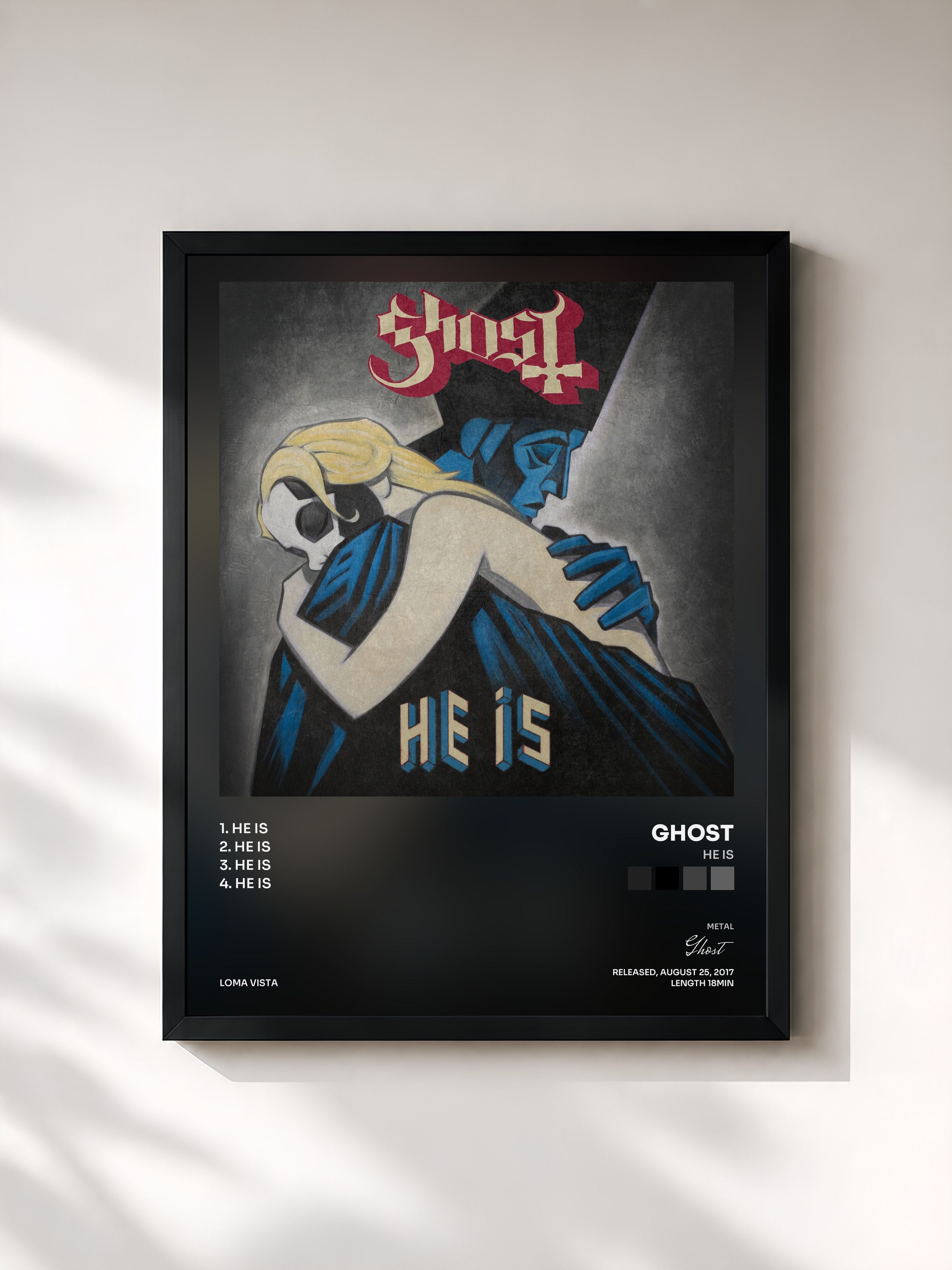#noir Tableau de l'album He Is de Ghost, cadre noir, imprimé et encadré en France