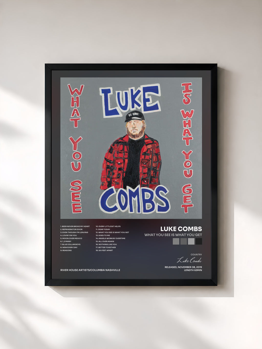 #noir Tableau de l'album What You See Is What You Get de Luke Combs, cadre noir, imprimé et encadré en France