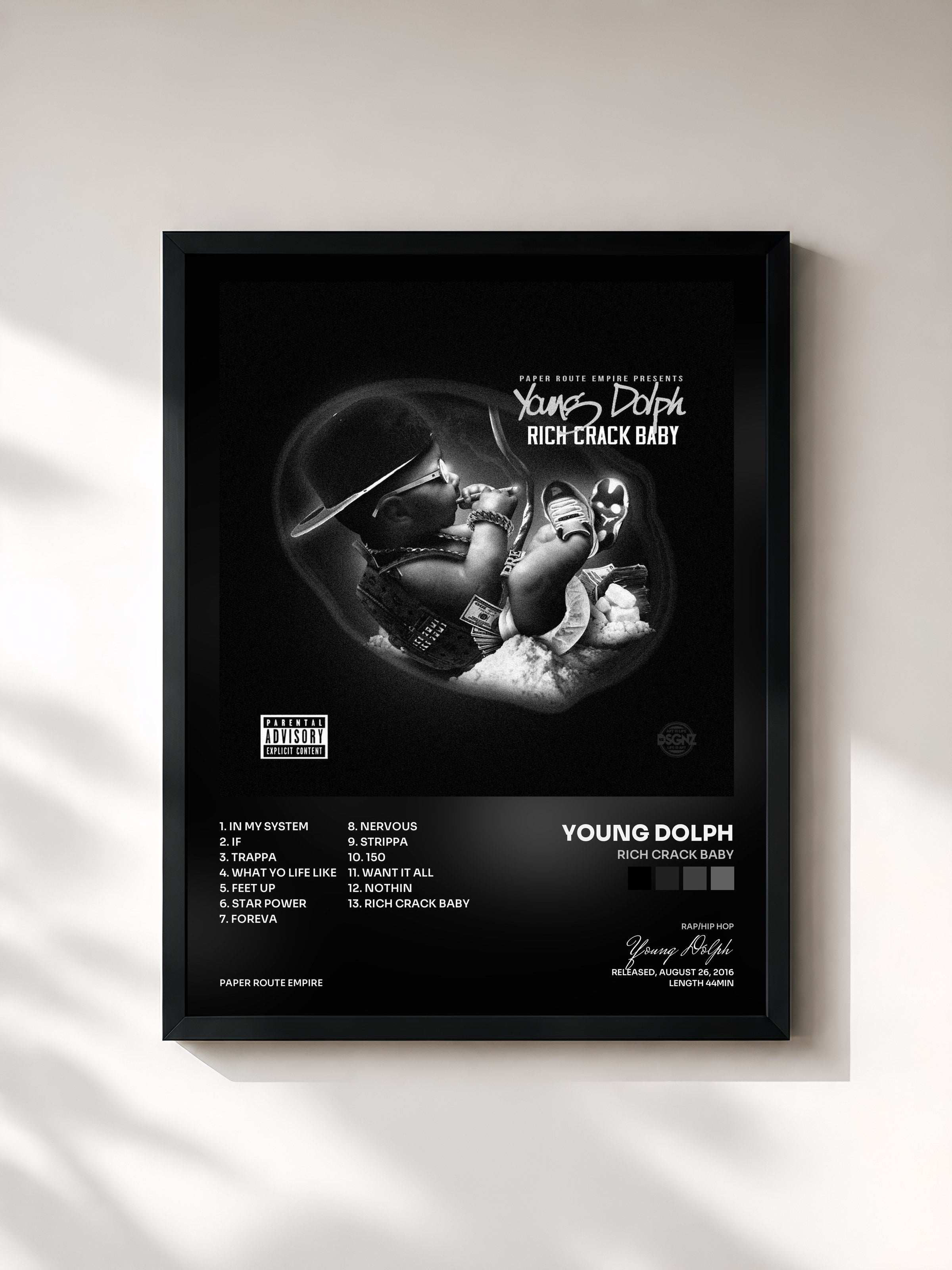#noir Tableau de l'album Rich Crack Baby de Young Dolph, cadre noir, imprimé et encadré en France