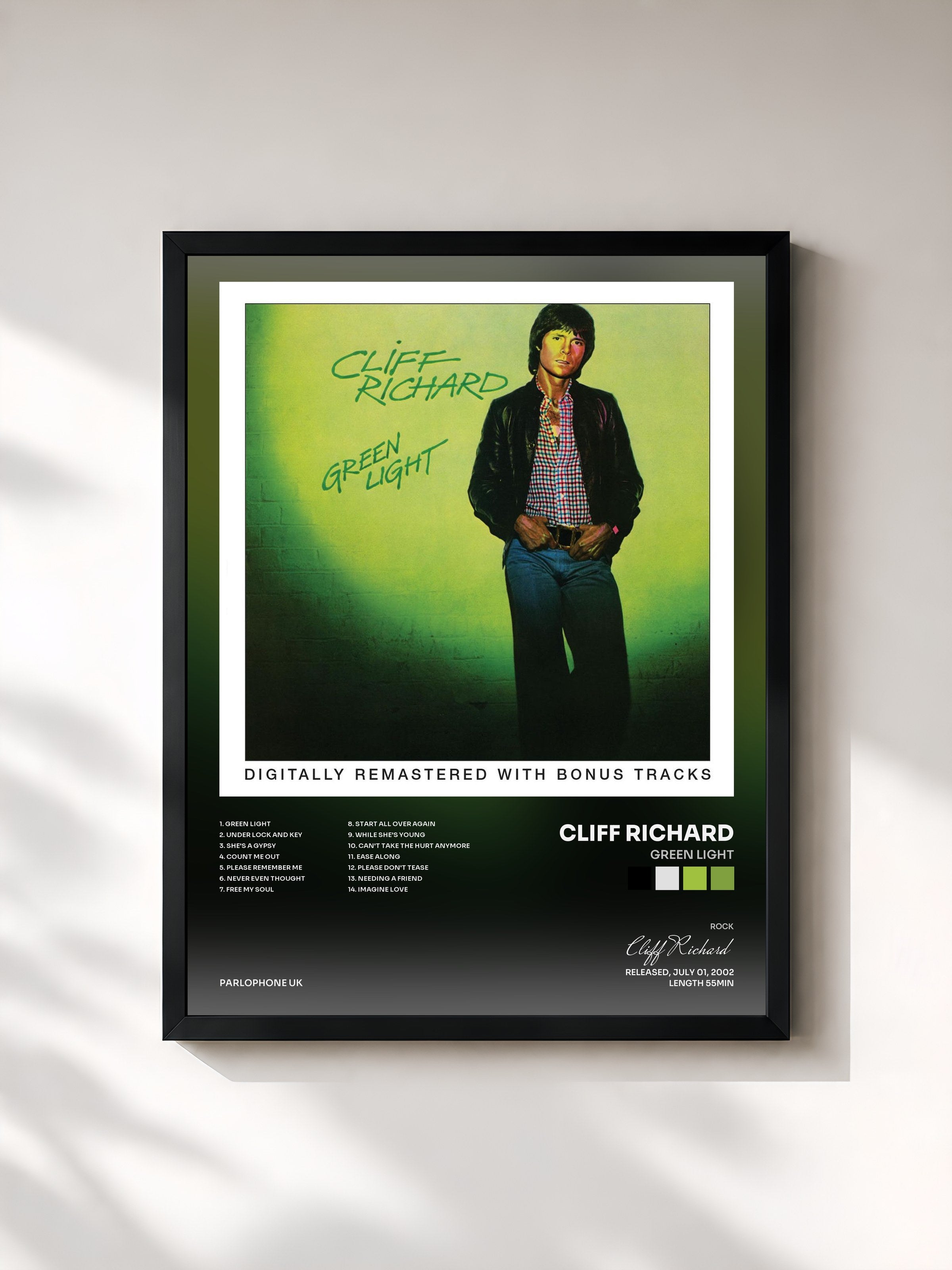 #noir Tableau de l'album Green Light de Cliff Richard, cadre noir, imprimé et encadré en France