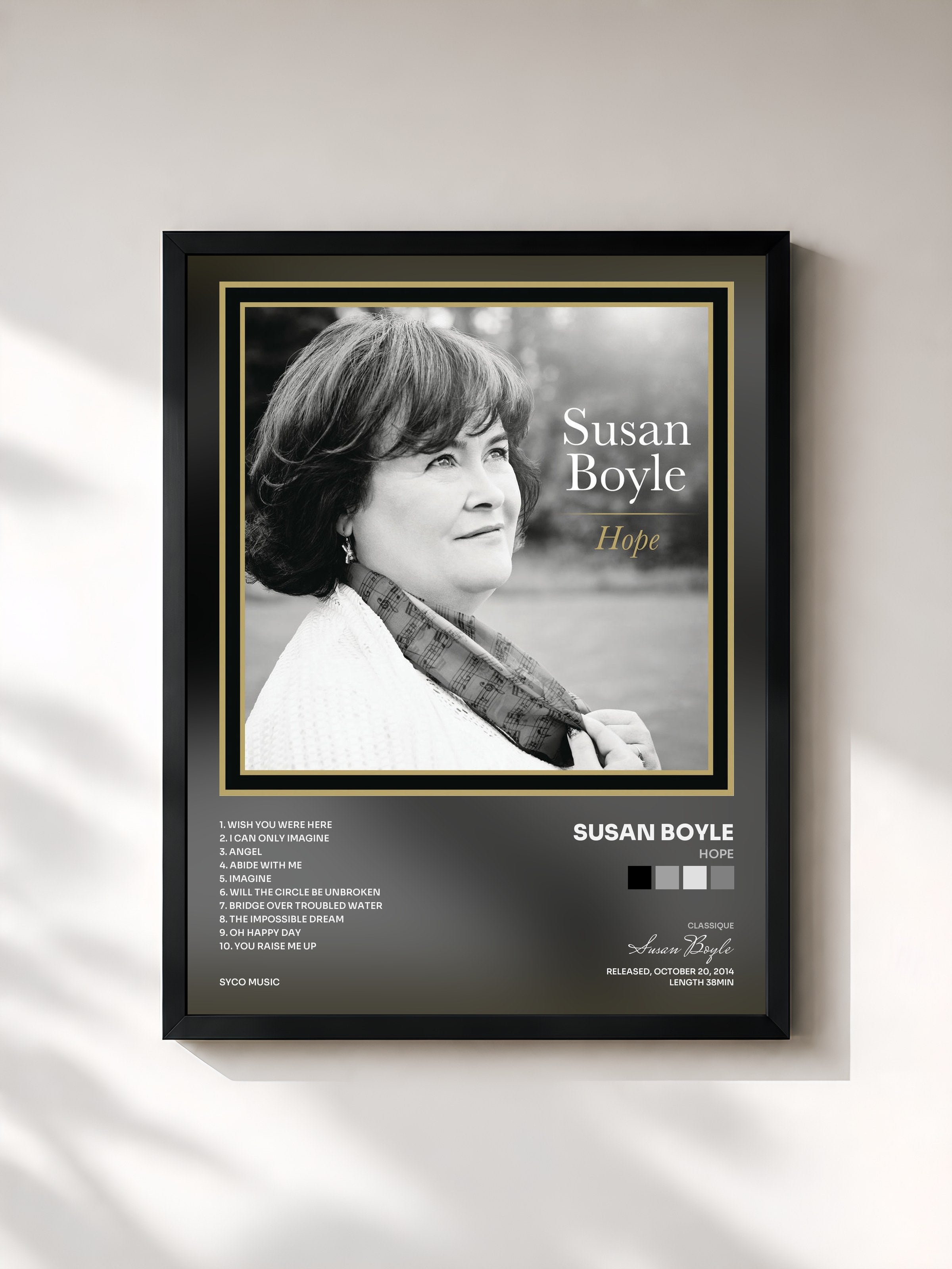 #noir Tableau de l'album Hope de Susan Boyle, cadre noir, imprimé et encadré en France
