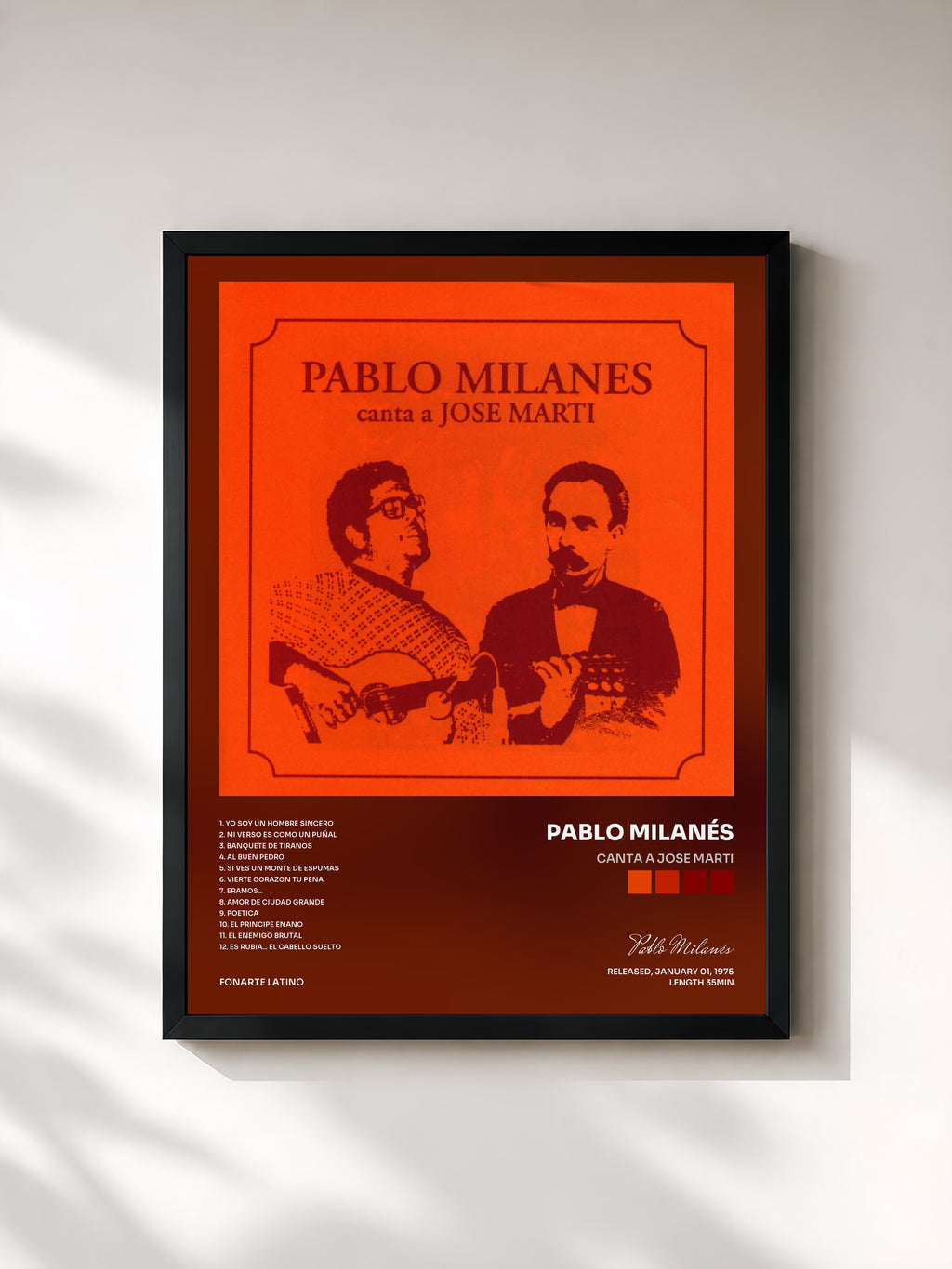 #noir Tableau de l'album Canta a Jose Marti de Pablo Milanés, cadre noir, imprimé et encadré en France