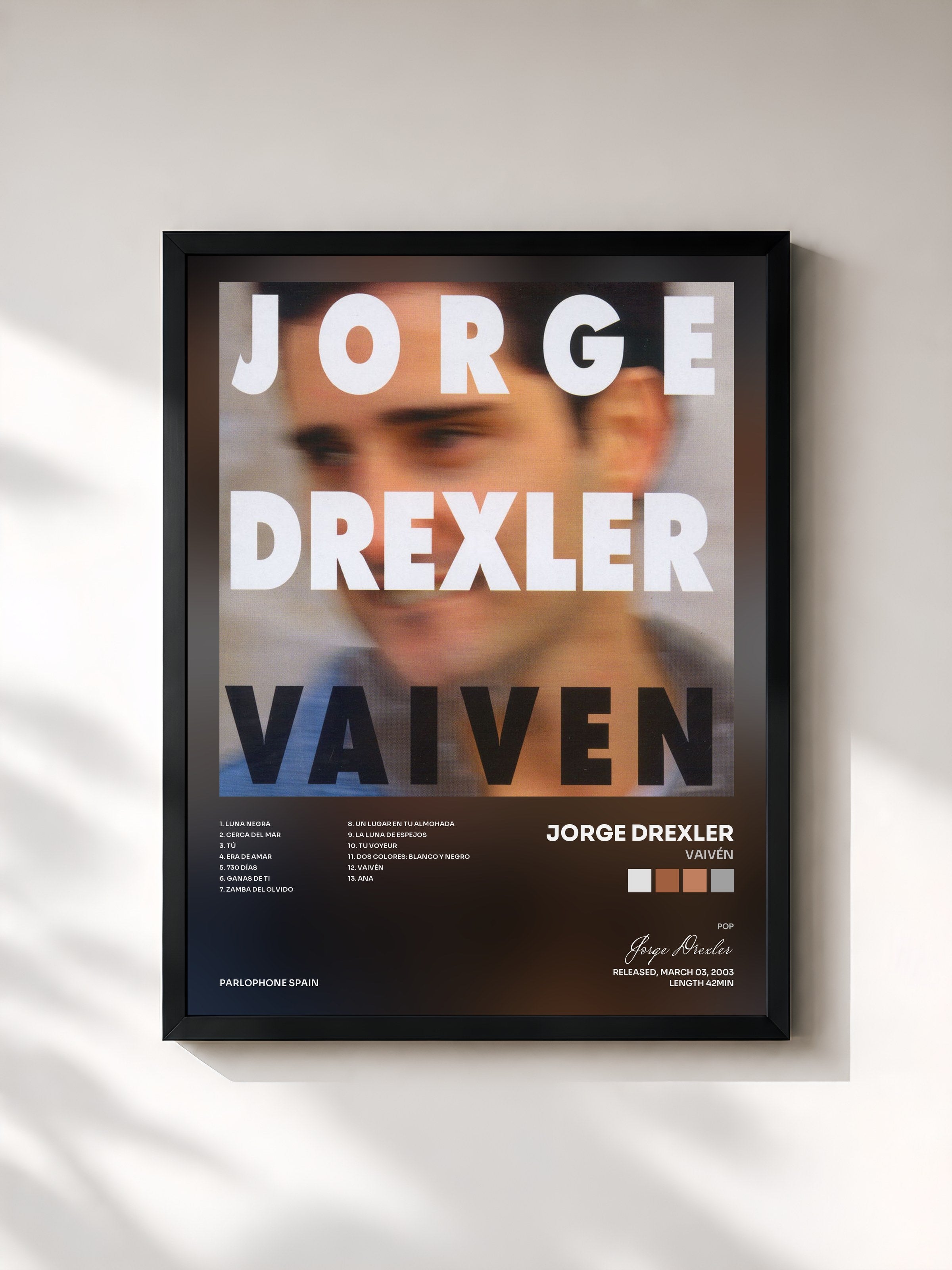 #noir Tableau de l'album Vaivén de Jorge Drexler, cadre noir, imprimé et encadré en France