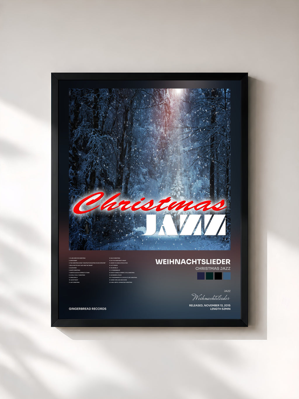 #noir Tableau de l'album Christmas Jazz de Weihnachtslieder, cadre noir, imprimé et encadré en France