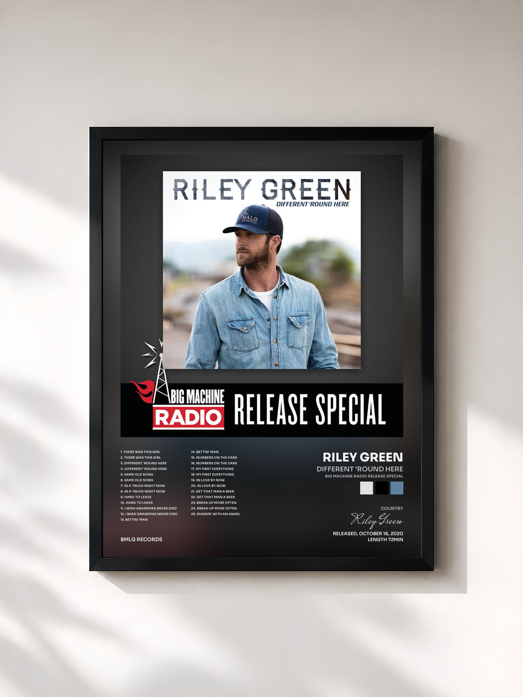 #noir Tableau de l'album Different 'Round Here (Big Machine Radio Release Special) de Riley Green, cadre noir, imprimé et encadré en France