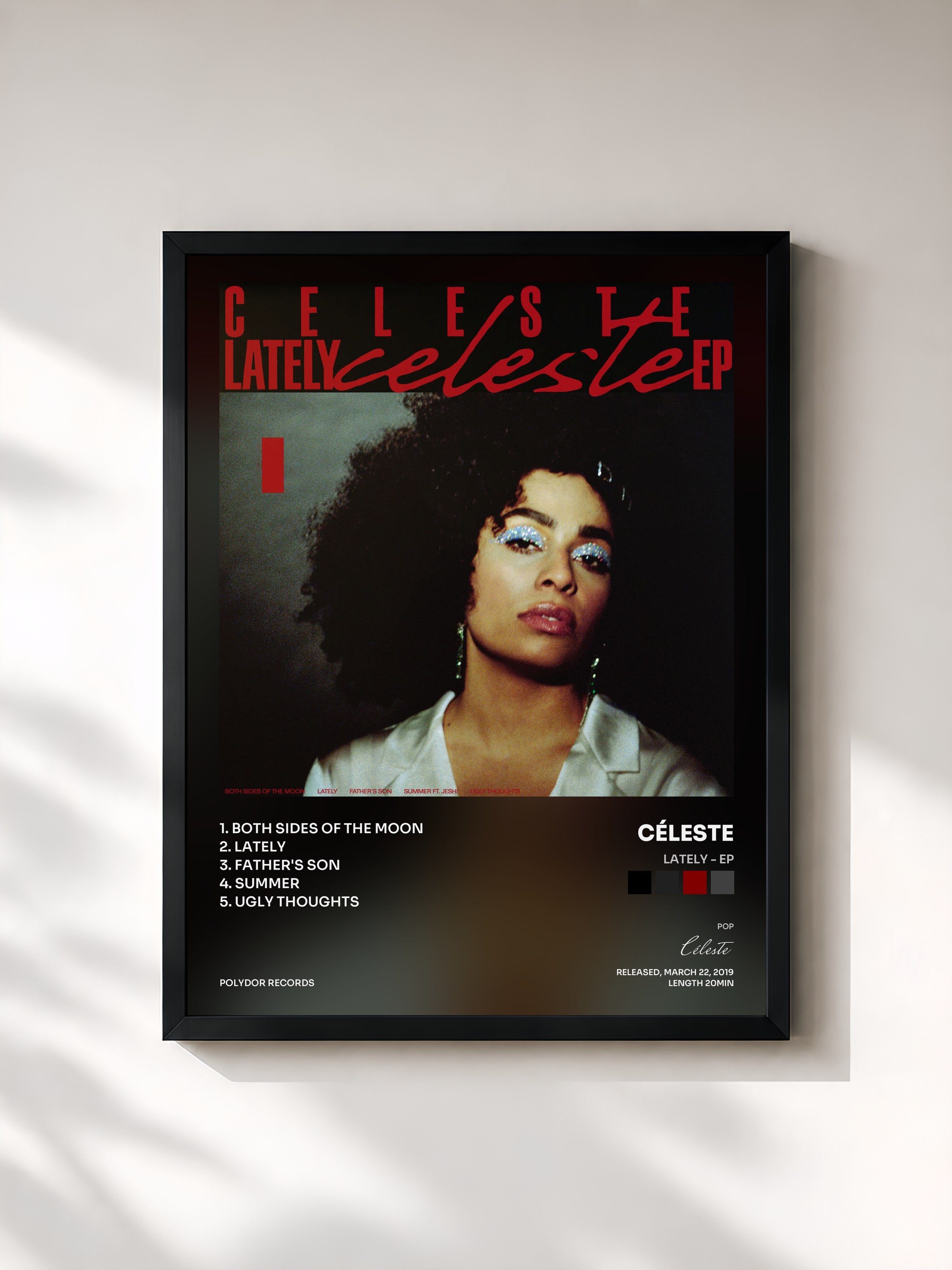 #noir Tableau de l'album Lately - EP de Céleste, cadre noir, imprimé et encadré en France